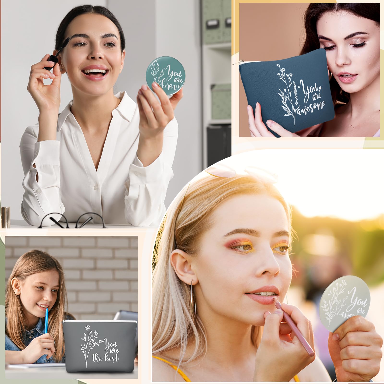 Vercraft 20 Pcs Employee Appreciation Gift for Women Inspirational Canvas Makeup Bag Portable Compact Mirror Bulk Cosmetic Bag Thank You Party Favor for Women Coworker Nurse (Bohemian,Boho)
