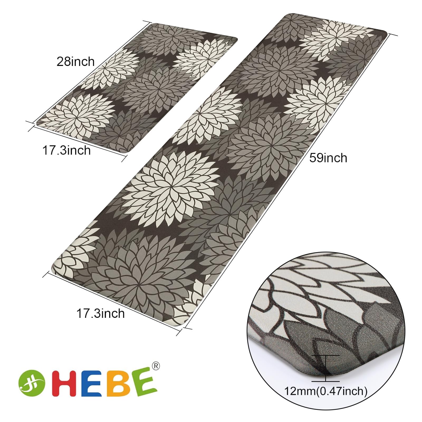 HEBE Anti Fatigue Kitchen Rugs Sets of 2, Non Slip Kitchen Mats for Floor, Waterproof Cushioned Comfort Standing Carpet for Kitchen Sink, Home Office, Laundry Room