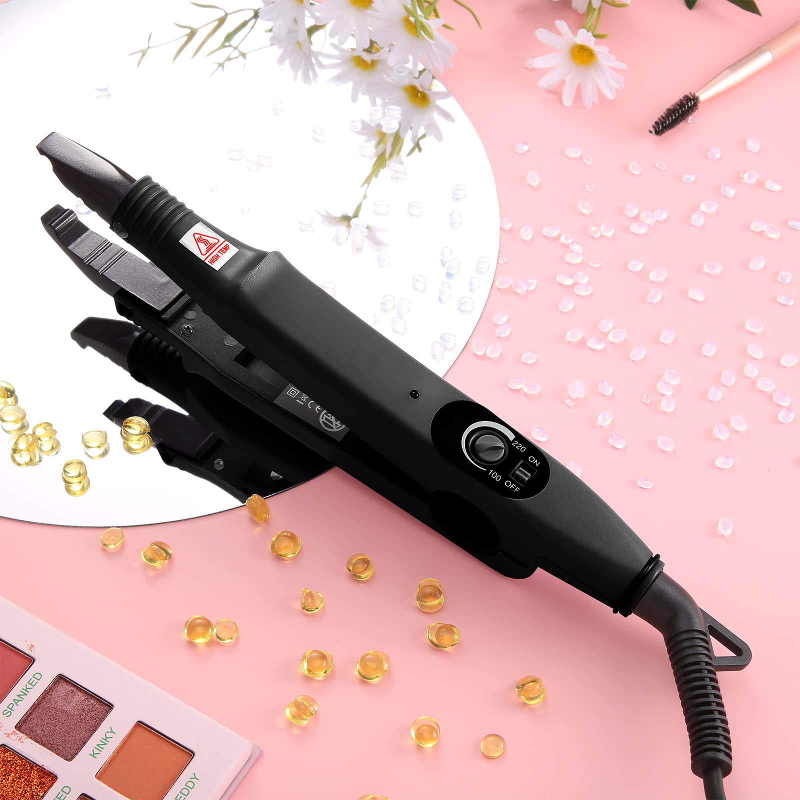 Hair Extensions Iron Fusion Keratin Hair Extensions Heat Tool Heat Connector Wand with Fusion Glue Protector Template Hair Clip Finger Protector 2 Bag Keratin Glue Granule Bead(Black)