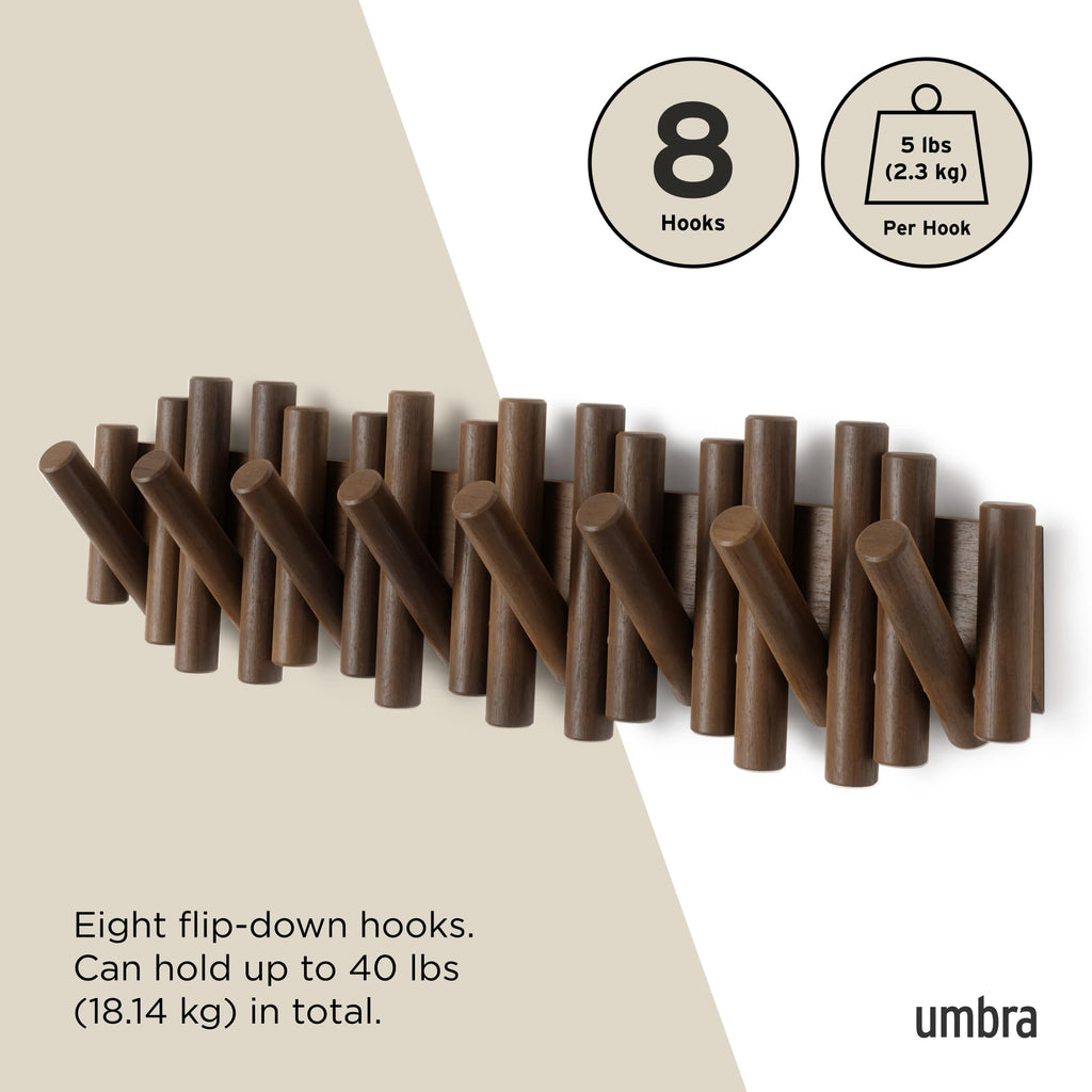 Umbra Picket Wall-Mounted Coat Rack Rail Hook with 5 Retractable Wood Pegs – Modern, Space-Saving Storage Organizer, Black