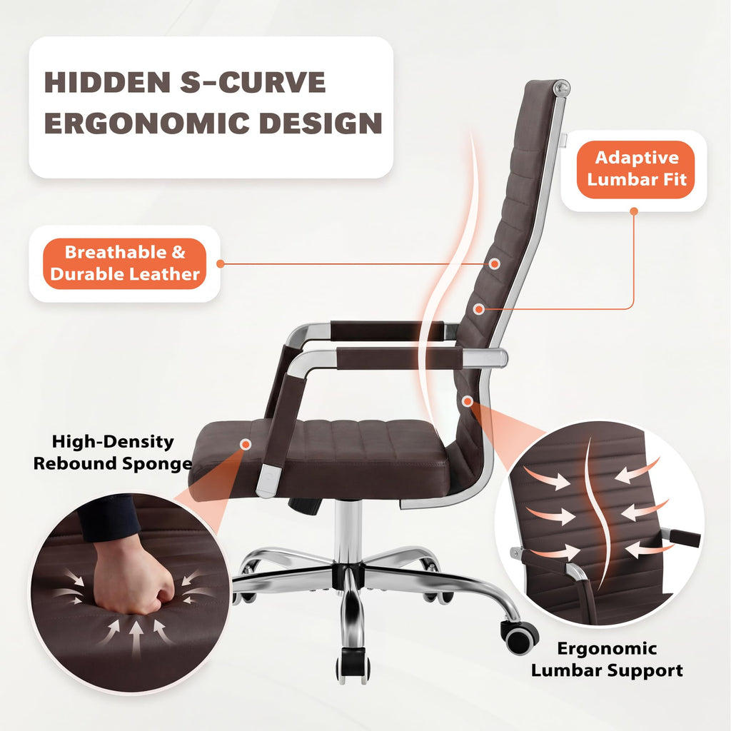 Furmax Ribbed Office Chair High Back PU Leather Executive Conference Chair Adjustable Swivel Chair with Arms (Bicolor Retro Brown)