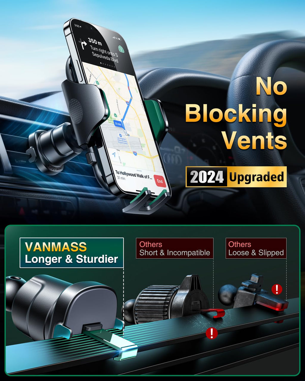 VANMASS [True Military-Grade] Car Phone Holder [Best Suction & Clip] Cell Phone Mount for Dashboard Windshield Vent Truck Cradle Dash Stand for iPhone 15 Pro Max 14 13 12 Android, Blue