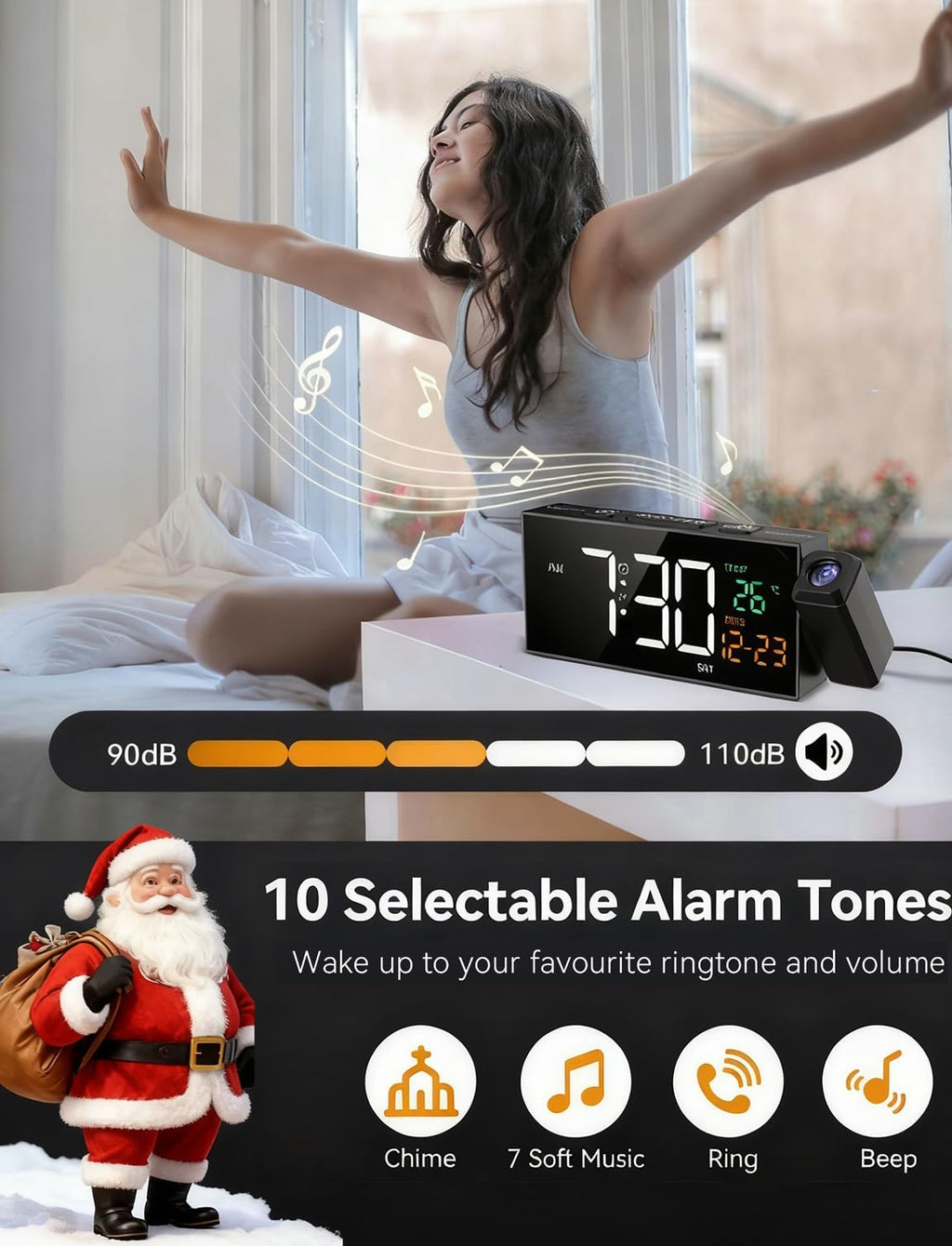 Netzu Projection Clock for Bedroom Ceiling, Alarm Clocks with 180° Rotatable Projector, Date Temperature and Weekday, Manual DST, 5 Brightness, 10 Ringtones, 4 Volumes and Snooze (Black)