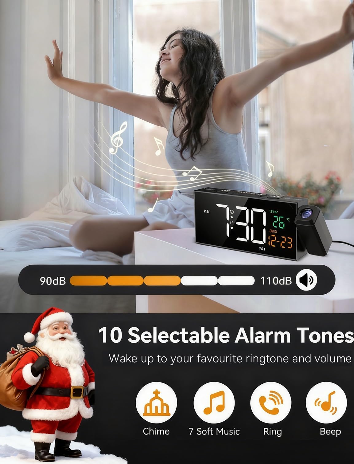 Netzu Projection Clock for Bedroom Ceiling, Alarm Clocks with 180° Rotatable Projector, Date Temperature and Weekday, Manual DST, 5 Brightness, 10 Ringtones, 4 Volumes and Snooze (Black)