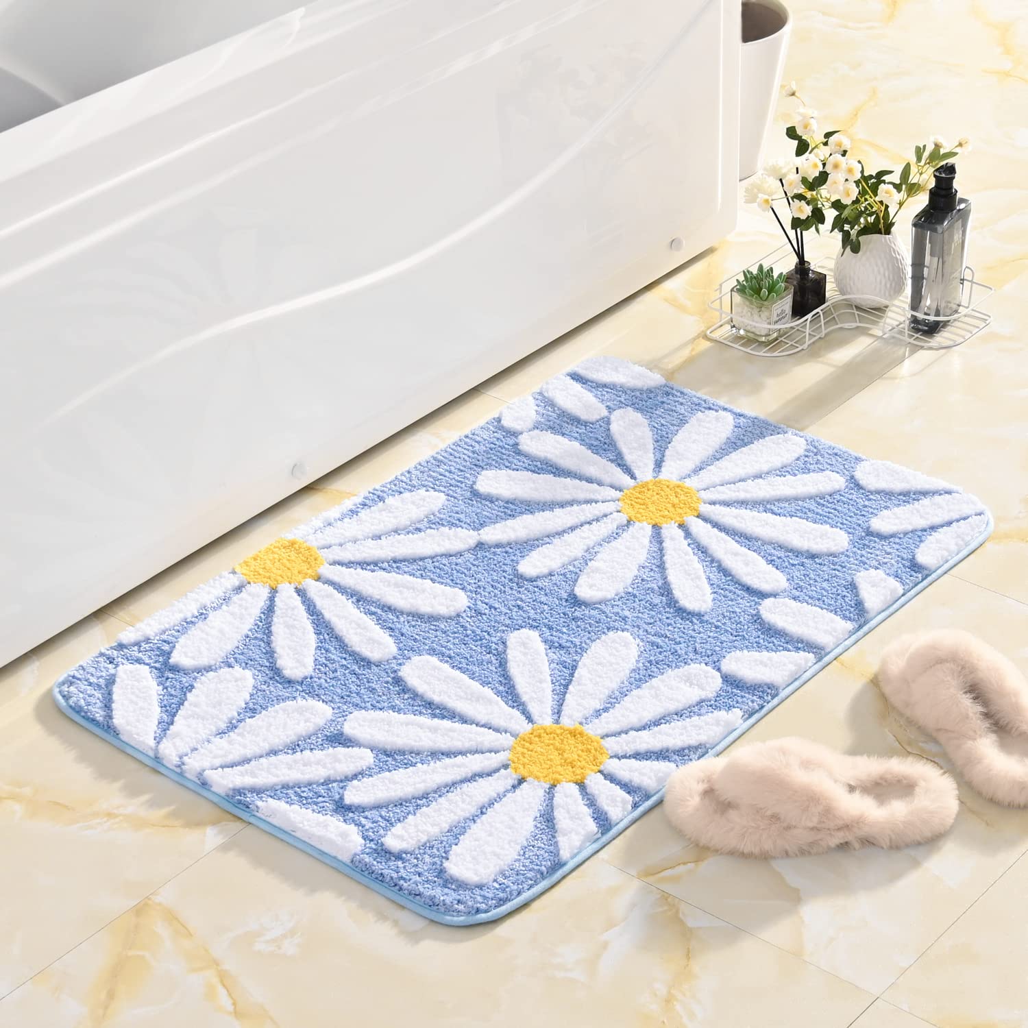 QJHOMO Beige Bathroom Rugs Cute Daisy Bath Mat White and Yellow Flower Decor Rug Non Slip Floor Carpet Microfiber Bathmat Super Absorbent Machine Washable Bathtub Mats for Shower (16x24 inch)