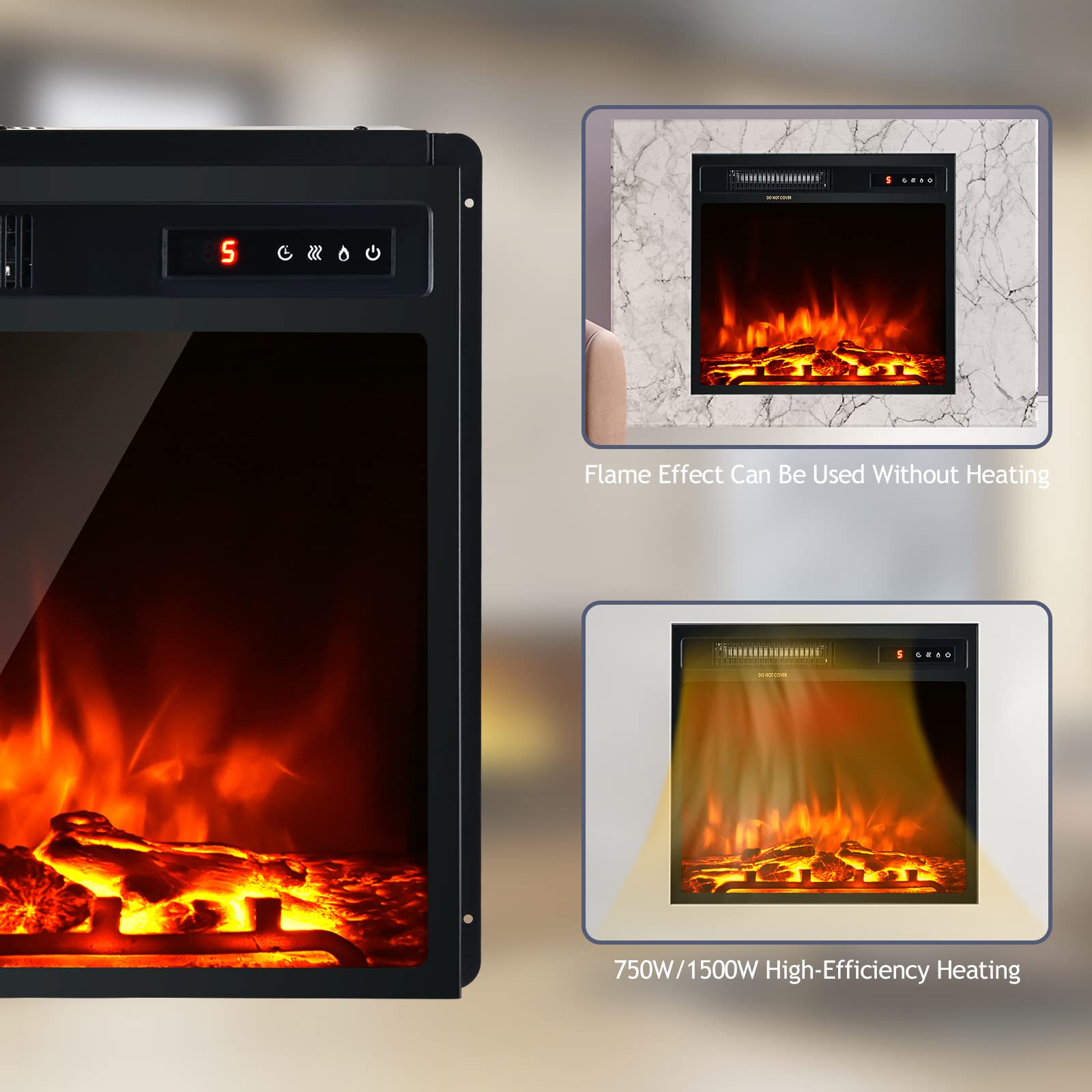 Giantex 18" Electric Fireplace Insert Heater, Wall Recessed/Mounted Fire Places Electric Fireplace with Remote, 2 Modes Heat, 9H Timer, 5 Brightness, 750/1500W Freestanding Fireplace