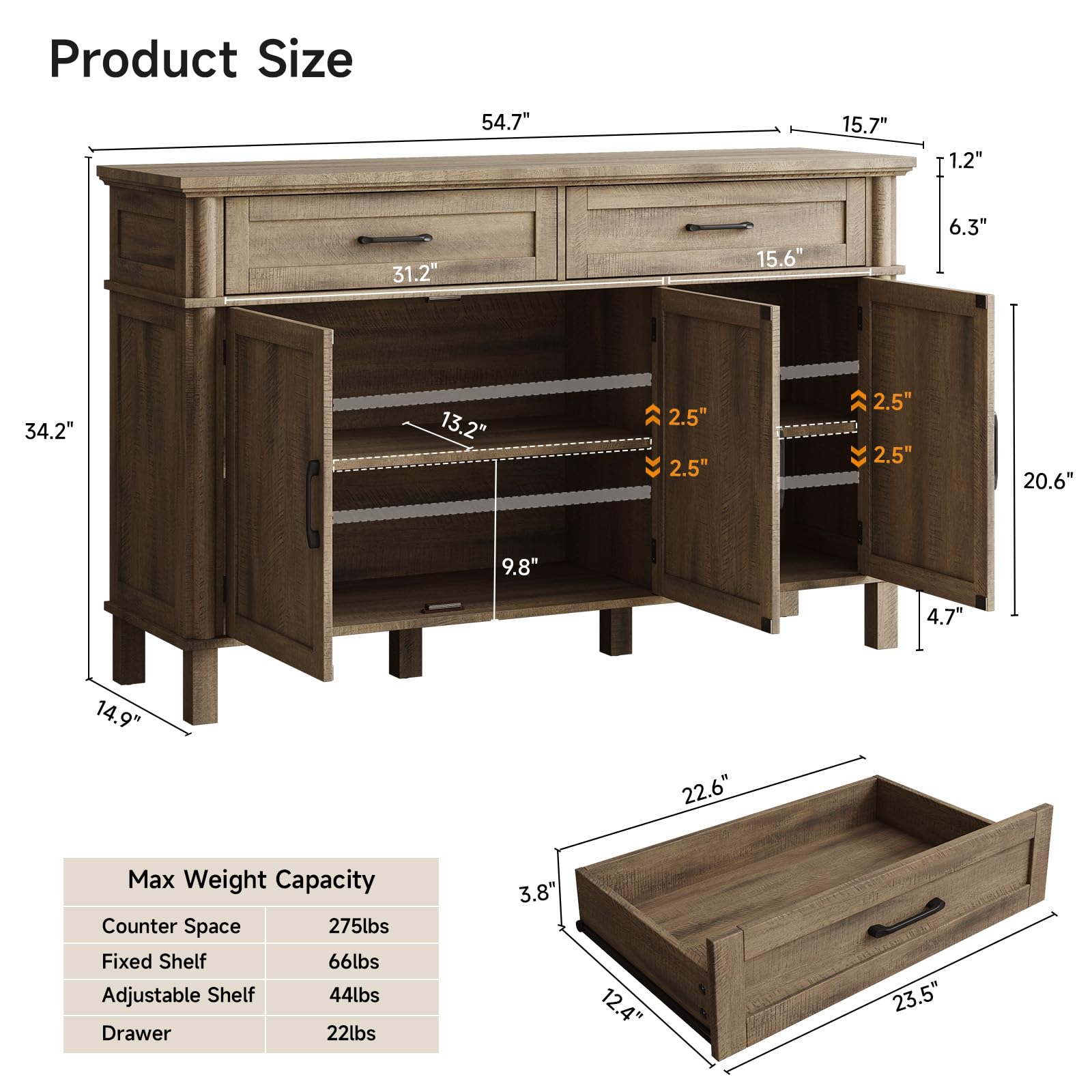 ONBRILL 48 Inches Buffet Cabinet with Storage, Farmhouse Sideboard Buffet w/2 Drawers and 3 Doors, Wood Coffee Bar Cabinet with Adjustable Shelves, Sideboard Storage for Kitchen, Living Room, Black