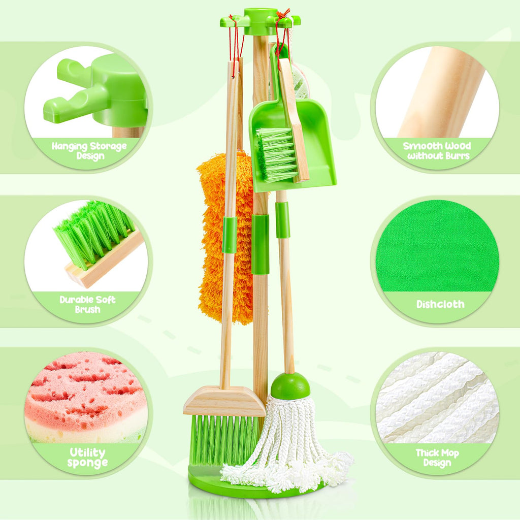WHOHOLL Wooden Kids Cleaning Toy Set Toddler Broom and Dustpan Set for Housekeeping 9 Pcs Broom and Mop Set for Toddlers 3-6, Cleaning Toys with Sponge, Christmas Birthday Gifts for Boys Girls