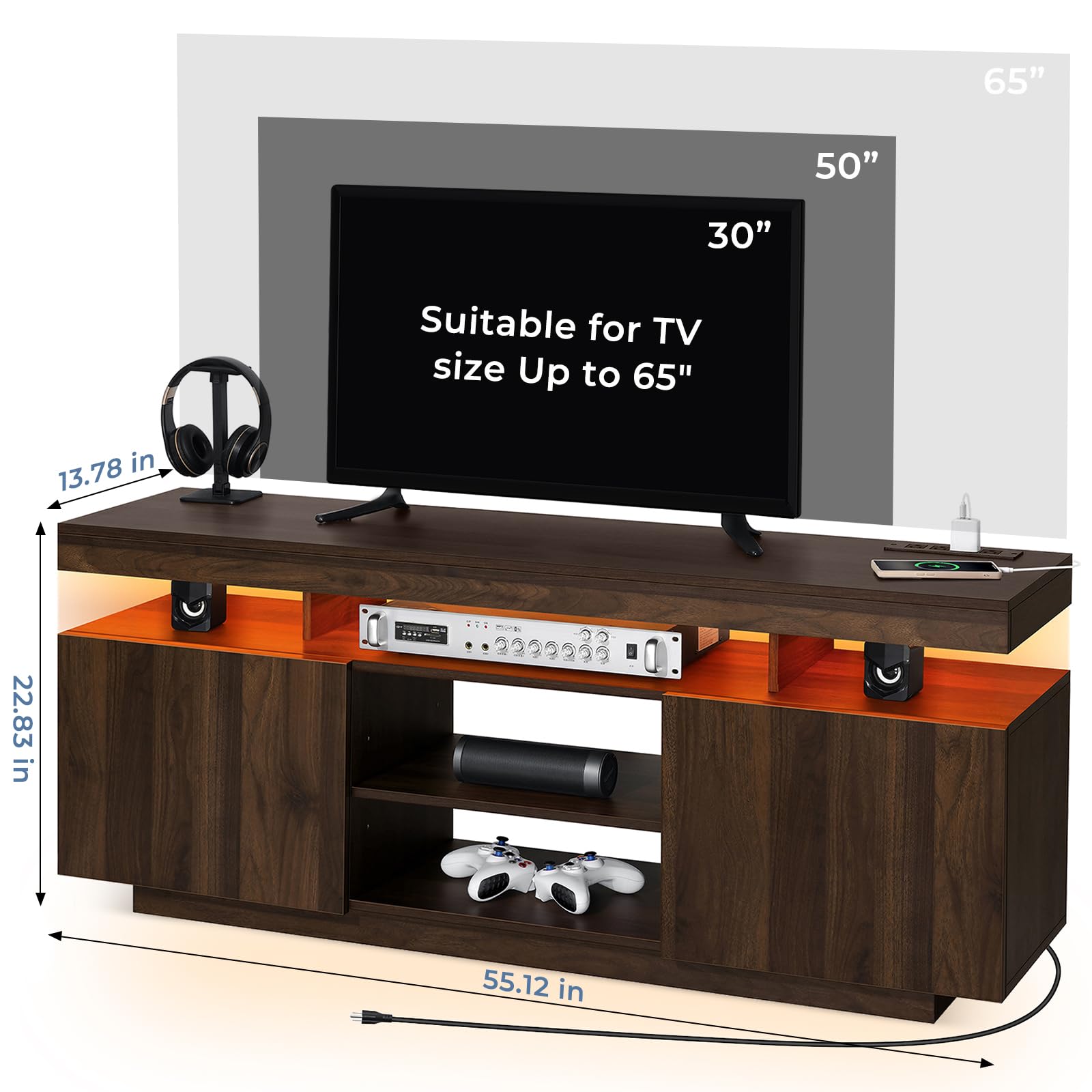 HOMMPA Modern LED TV Stand for 55 Inch TV, Black Tall TV Console with Power Outlet, Entertainment Center with Storage, High Gloss Gaming Media Console Cabinet for Living Room (47 Inch)