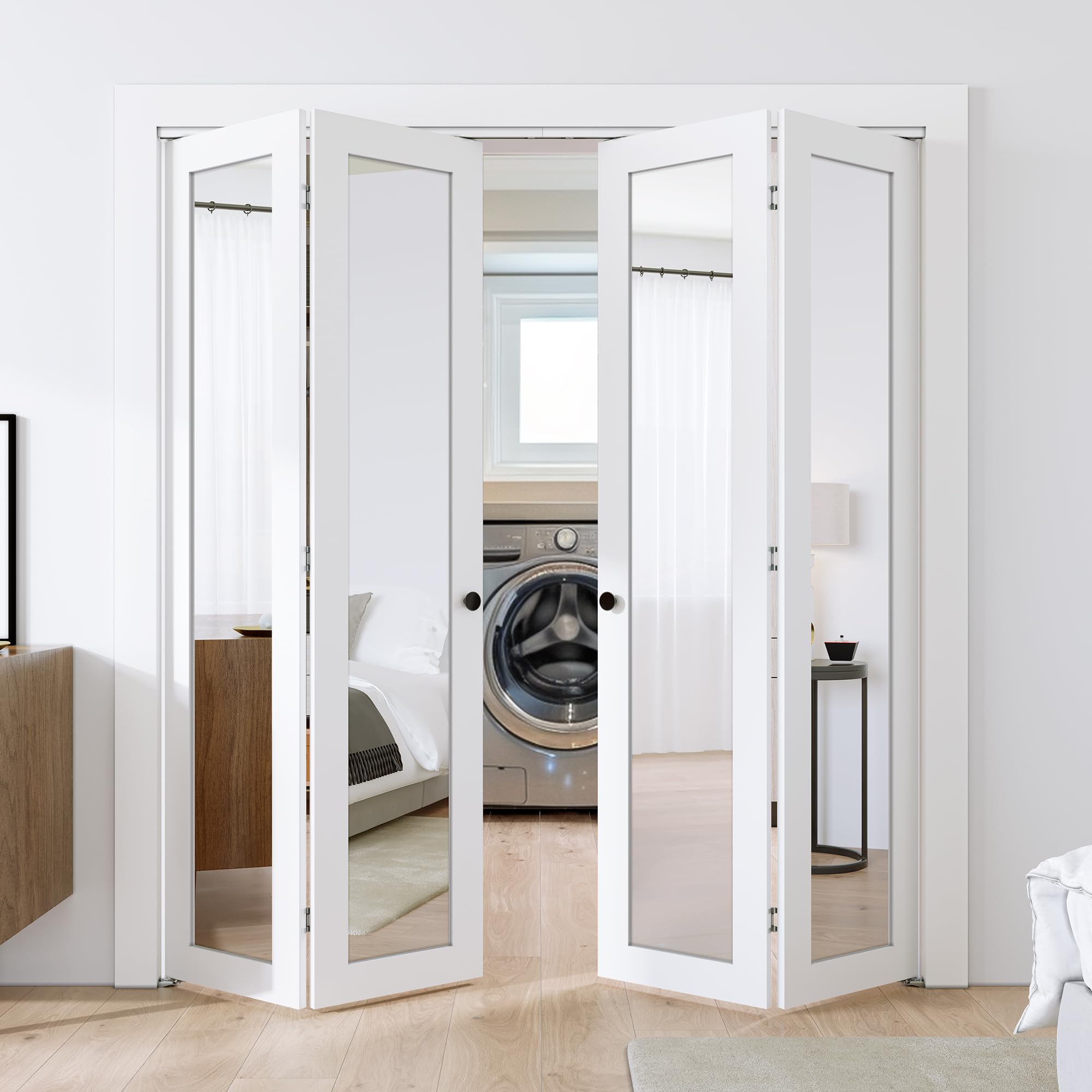 SMARTSTANDARD Bifold Doors, Mirror Closet Doors for 24''（12" x2） x 80" with Sliding Hardware Kit Set, Interior Bi Fold Door for Closet, Easy Install, MDF, White