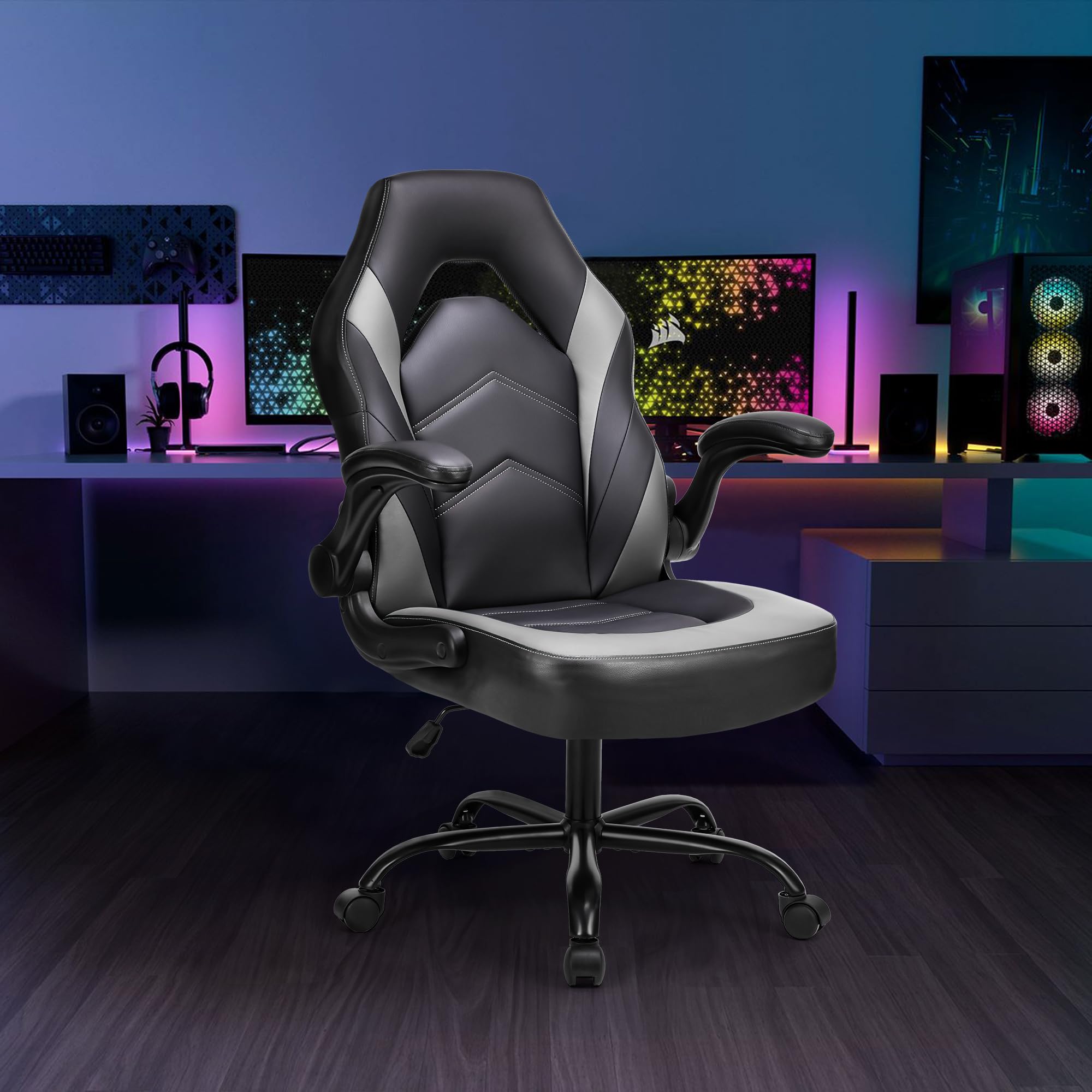 OLIXIS Computer Gaming Desk Chair - Ergonomic Video Game with Comfy Lumbar Support and headrest, PU Leather with Flip-up Arms, Adjustable Height and Swivel Wheels, for Adults, Black