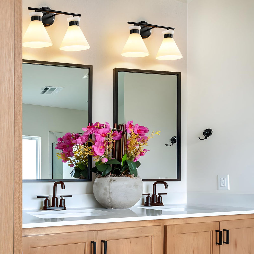 WOSHITU Gold Bathroom Light Fixtures: Modern Vanity Lighting Fixtures 2 Lights for Bathroom Mid Century Vanity Light Sconces Over Mirror with Frosted Milky Glass for Bath Bedroom Makeup