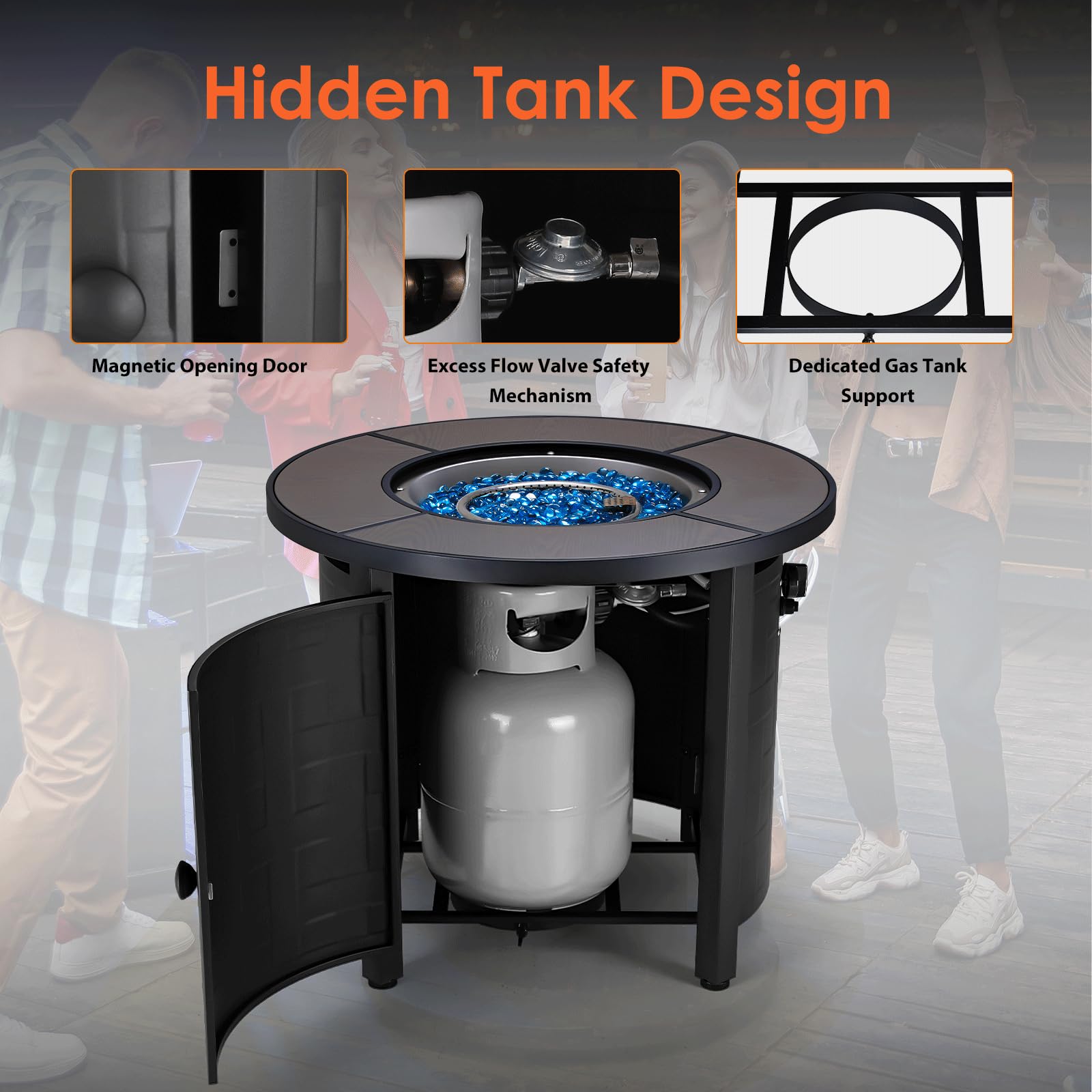 TLGREEN Propane Fire Pit Table 30 Inch Round – 50,000 BTU Outdoor Fire Pit with Lid, Converts to Patio Coffee Table, Certified, Includes Waterproof Cover & Blue Fire Glass(Grey)