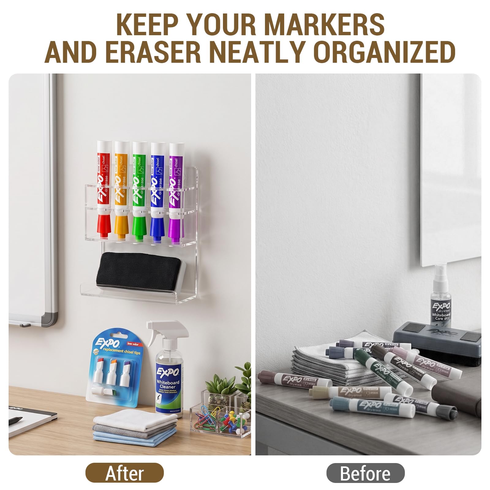 MyGift Dry Erase Marker Holder 10 Slots Whiteboard Marker Holder for Wall Dry Erase Eraser Holder Wall Mount Black