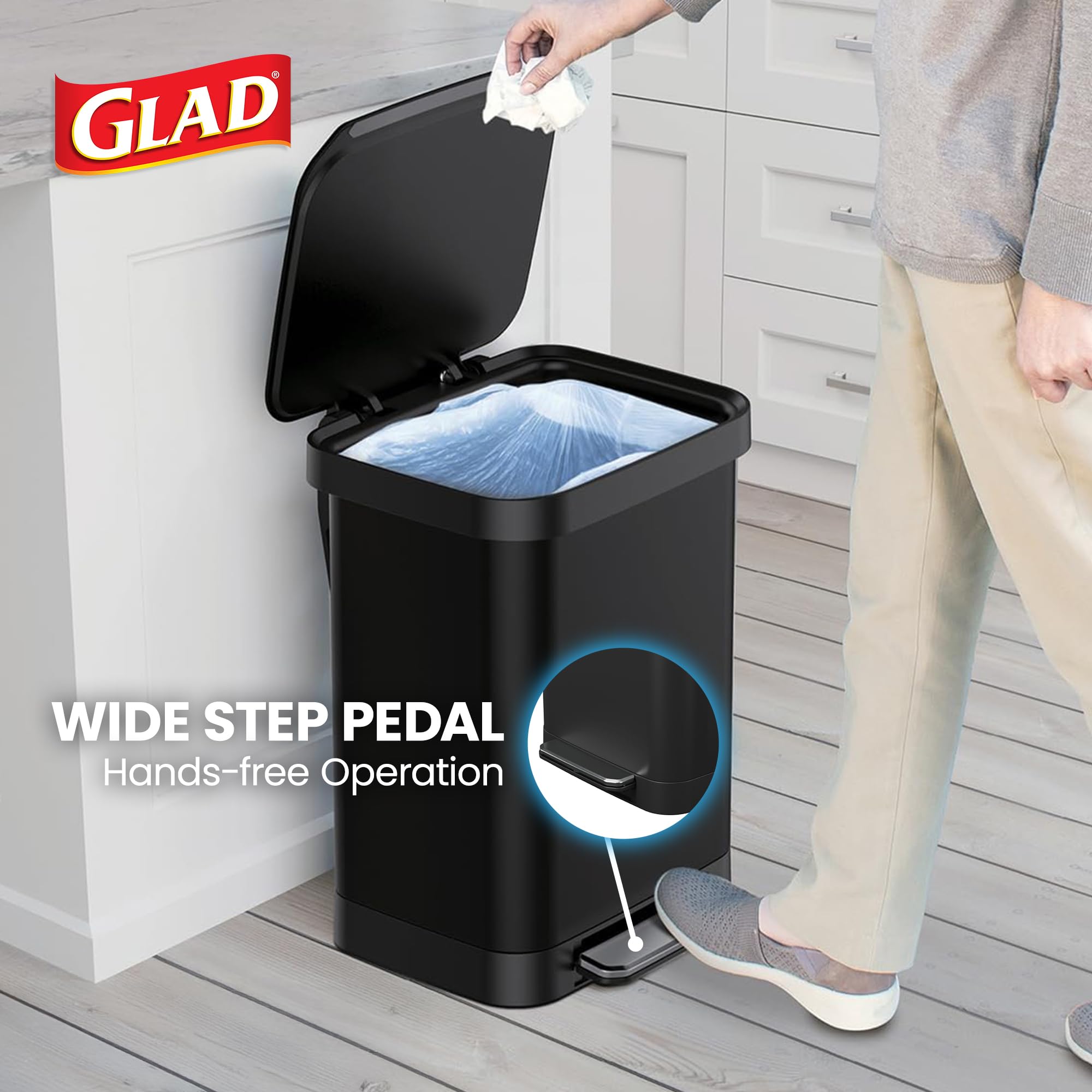 Glad 13 Gallon All Brushed Stainless Steel Trash Can with Clorox Odor Protection | Large Metal Kitchen Garbage Bin with Soft Close Lid, Garbage Bag Rings, Step On Foot Pedal and Waste Bag Roll Holder