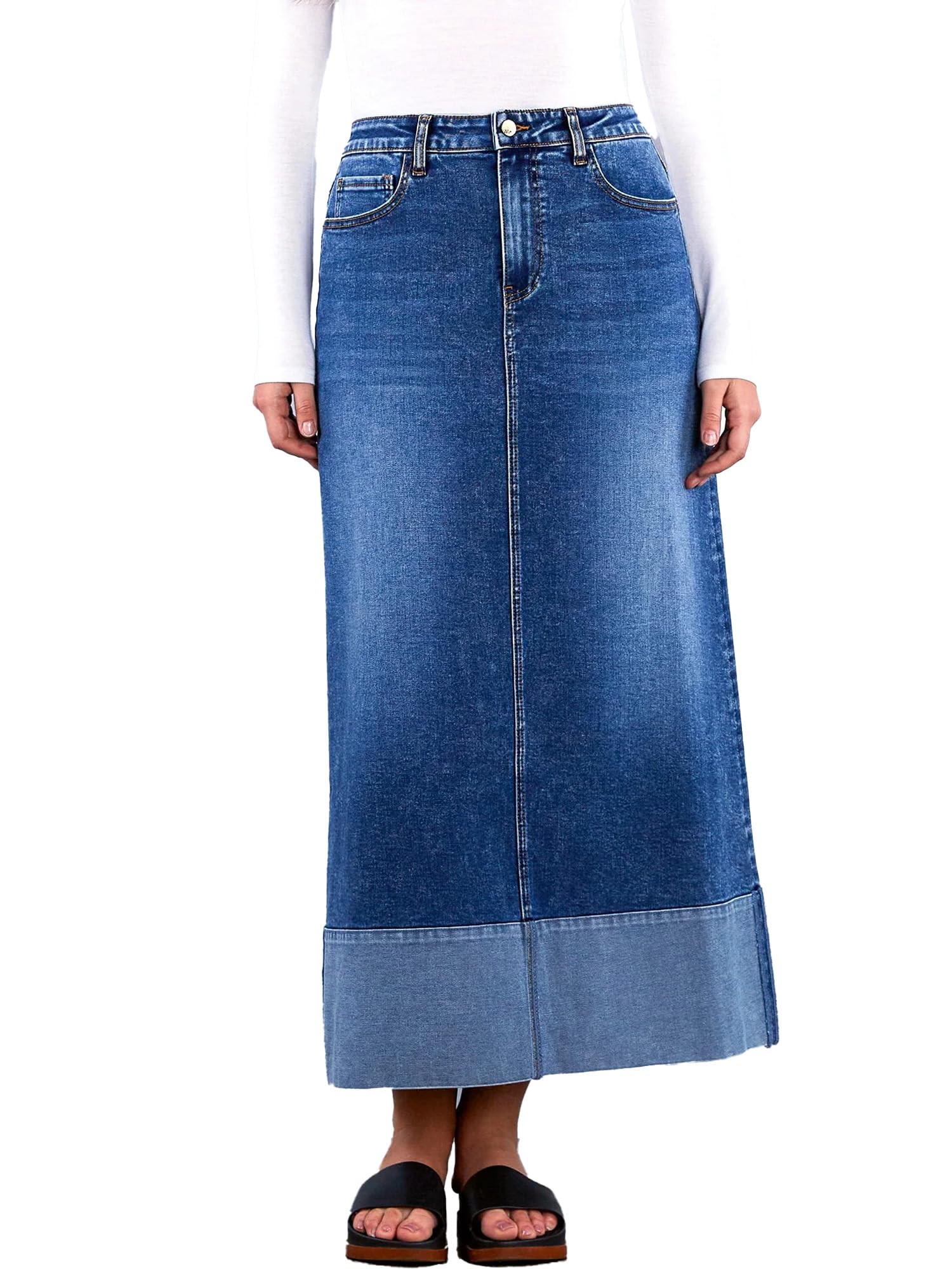 Jean Skirt for Women Denim Skirt High Waist Stretch Midi Denim Skirts with Pockets