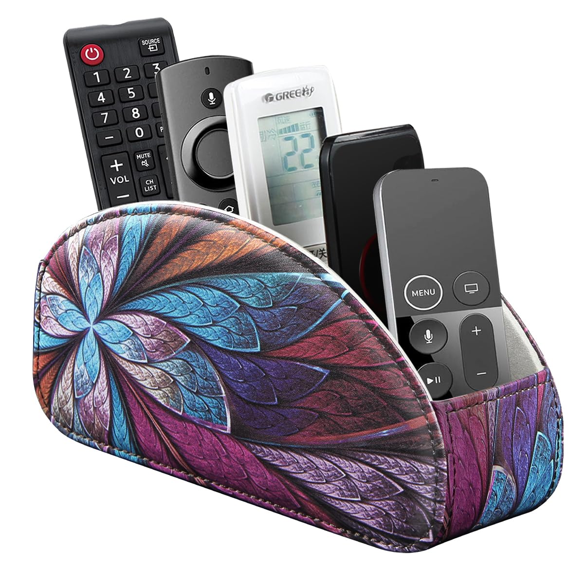 YAPISHI All-in-One Leather Brown TV Remote Holder with 5 Compartments Nightstand Desktop Media Player Remote Caddy Storage Box Organizer Tray for Mobile Office Phone Controller