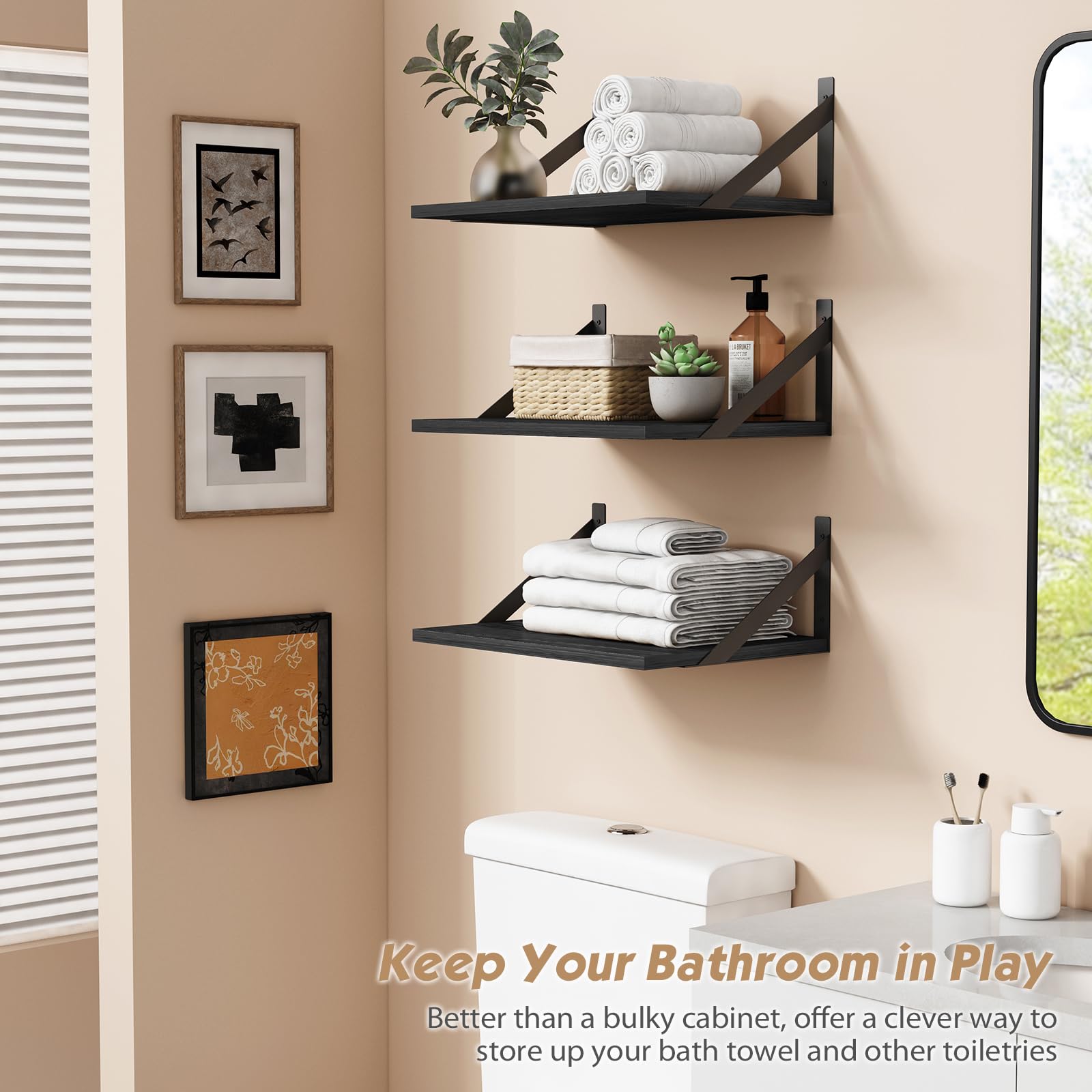 Forbena 12 Inch Deep Floating Shelves for Wall, Wide Black Wall Mounted Shelves for Bedroom Office Books Plants, Large Hanging Shelf for Living Room Bathroom Kitchen Closet Pantry Storage (3-Pack)