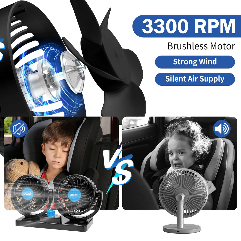 XOOL Clip Car Fan, 9 Inches 12V/24V Fan, 360° Rotatable Electric Cooling Clip on Fan with Stepless Speed Regulation for SUV, RV, Truck