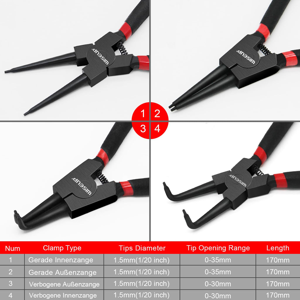 WISEUP Snap Ring Pliers Set, Heavy Duty 4PCS-7 inch Internal/External Circlip Pliers Kit, Straight/Bent Jaw Tips for C-Clip Ring Remover