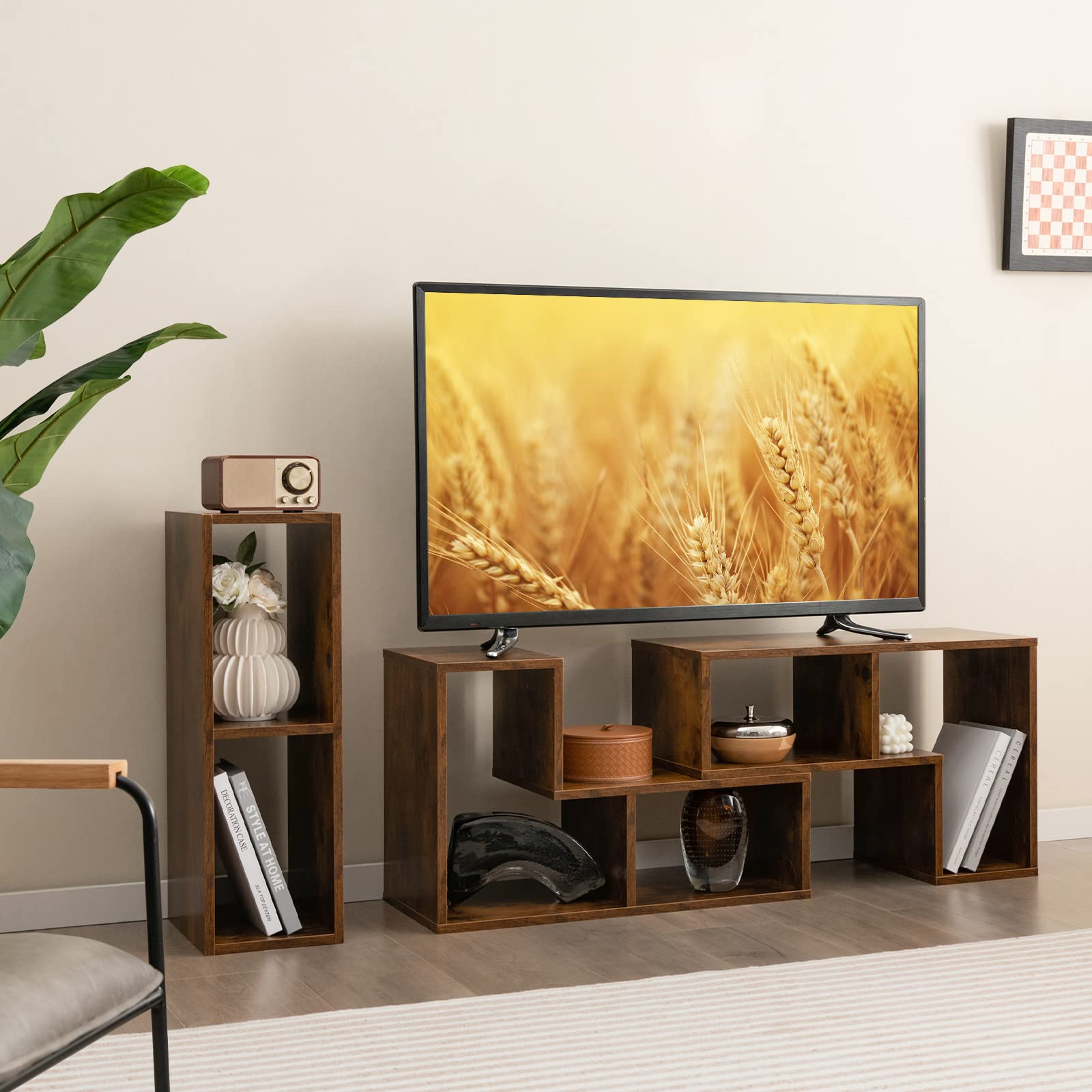 Tangkula 3 Pieces Console TV Stand, Free-Combination Entertainment Center for 50 55 60 65 Inch TV, Minimalist Modern TV Media Stand, DIY Open Storage Bookcase Shelf for Living Room (Black)