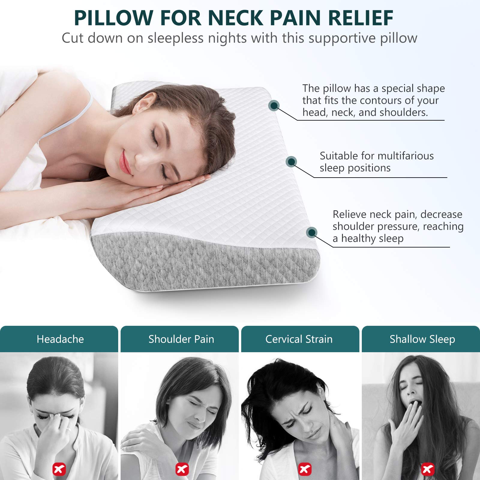 ZAMAT Memory Foam Pillow for Neck Pain Relief, Adjustable Ergonomic Cervical Pillow for Sleeping, Orthopedic Neck Pillow with Washable Cover, Bed Pillows for Side, Back, Stomach Sleepers