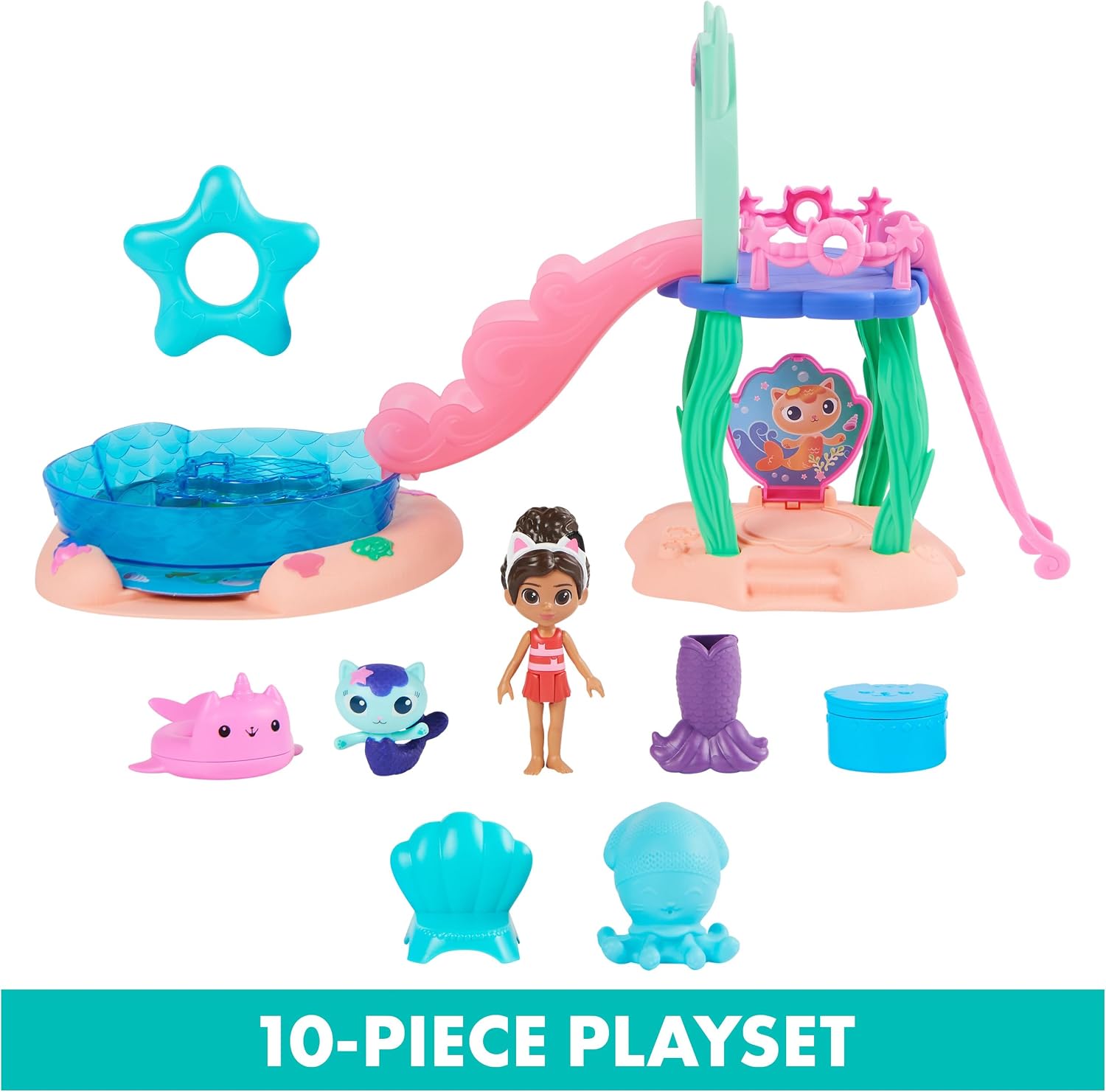 Gabby's Dollhouse, Purr-ific Pool Playset with Gabby and Mercat Figures, Color-Changing Mermaid Tails and Pool Accessories Kids Toys for Ages 3 and Up
