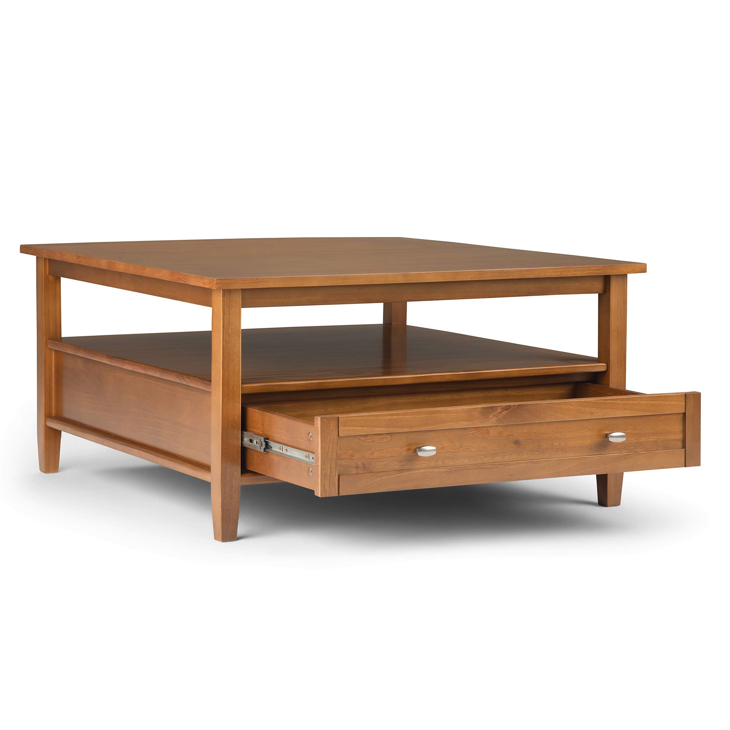 SIMPLIHOME Warm Shaker Coffee Table - 48 inch Wide Solid Wood Coffee Table in Black, Transitional Living Room Table with 2 Drawers, Open Shelf, Shaker Fronts and Tapered Legs