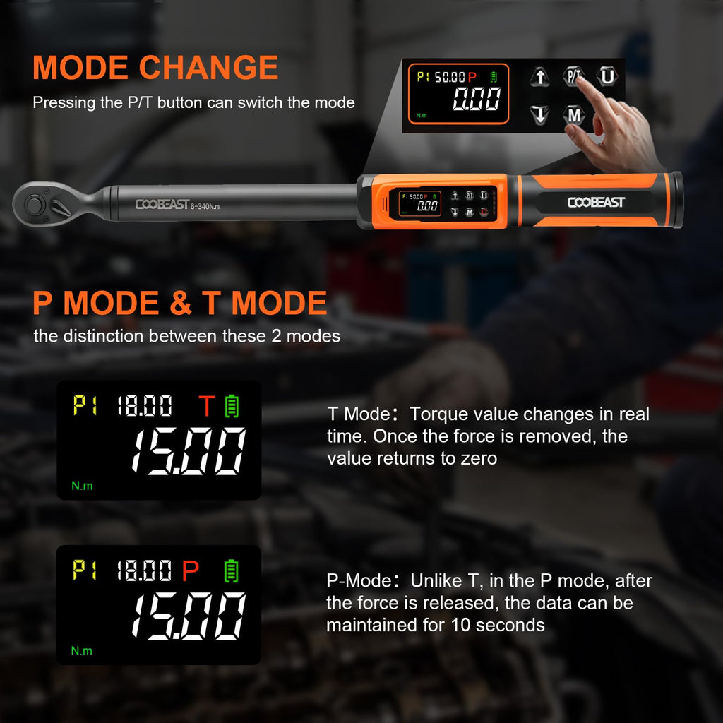 Digital Torque Wrench, 1/2 Drive Electronic Torque Screwdriver with Preset Value(3.76-250.8 Ft.lbs./5.1-340Nm), Buzzer and LED Flash Five Units of Measure Torque Wrench for Motorcycle, Auto Repair
