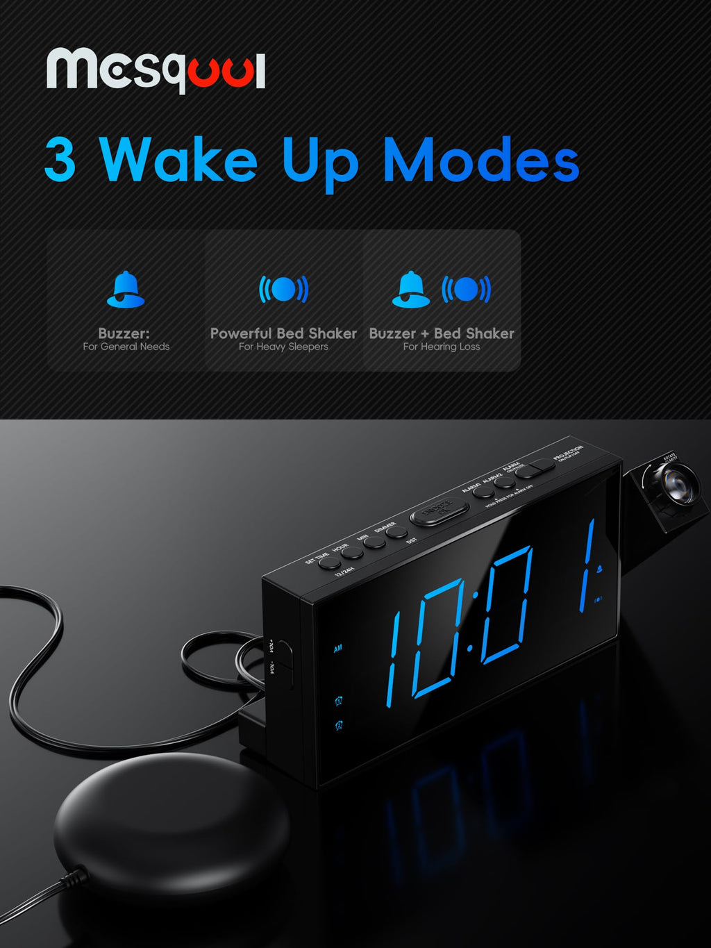 Digital Projection Alarm Clocks for Bedrooms - Large LED Display, 180° Rotatable Projector, 5-Level Dimmer,USB Charger,Battery Backup,Loud Dual Alarms for Kids Elderly,Heavy Sleepers,Snooze,12/24H,DST