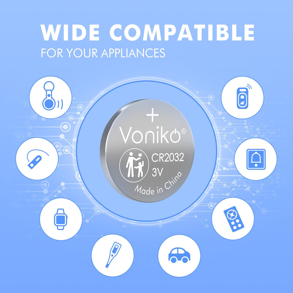 Voniko CR2032 3V Lithium Batteries 6 Pack for Child Safety, Compatible with AirTag, Key Fobs, Thermometers, Scales – 7 Years Shelf Life