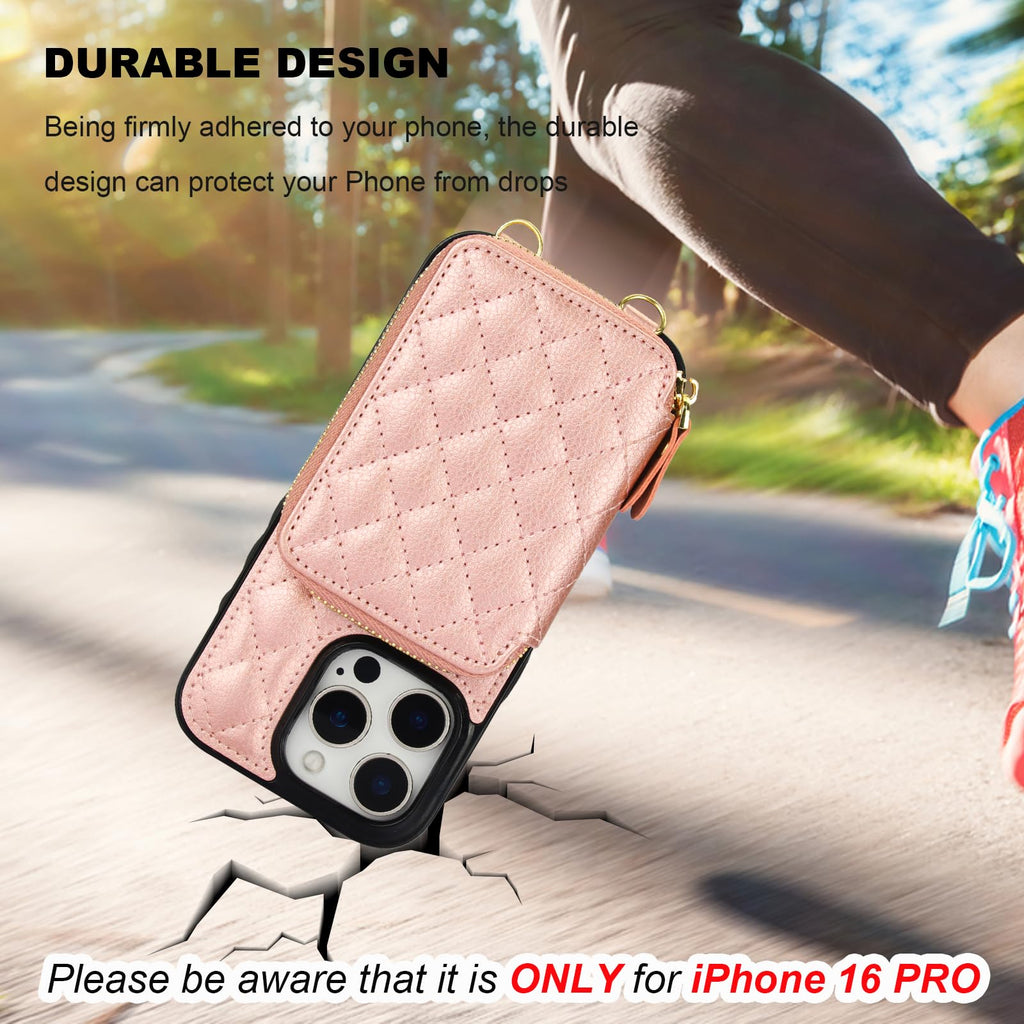 Bocasal Crossbody Wallet Case for iPhone 16 Pro, RFID Blocking PU Leather Zipper Handbag Purse Flip Cover, Kickstand Folio Case with Card Slots Holder Wrist Strap Lanyard 5G 6.3 Inch (Black)