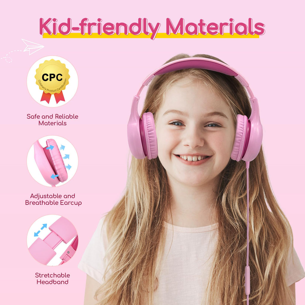 EarFun K1 Kids Headphones Wired with Microphone, 85/94dB Volume Limit Headphones for Kids, Portable Wired Headphone with Shareport, Stereo Sound Foldable Headset for School/Tablet/iPad, Black Red