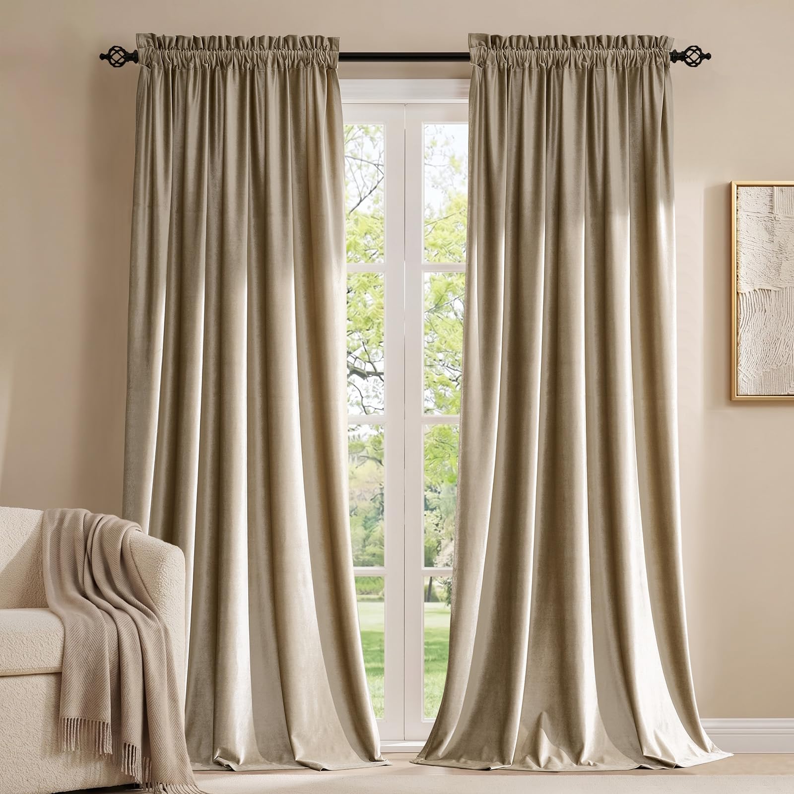 Champagne Beige Velvet Curtains 63 inches for Living Room Luxury Room Darkening Curtain Elegant Bedroom Thermal Insulated Modern Heavy Thick Soft Soundproof Rod Pocket Window Drapes Set of 2 Panels