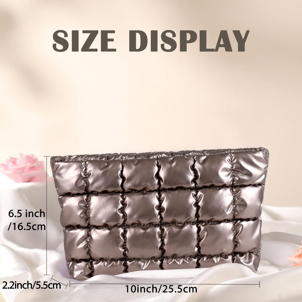 Puffy Quilted Makeup Bag for Women, Cosmetic Bag, Travel Toiletry Organizer Pouch Clutch (Black Flowers)