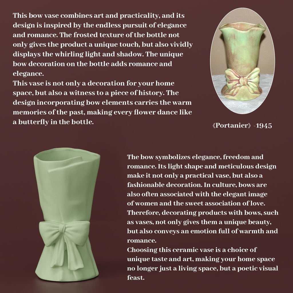 Relexome Beige Ceramic Bow Vase 9.64 in Unique Cute Modern Decorative Bouquet Flower Vases for Home Living Room Table Decor Women Girl Gifts