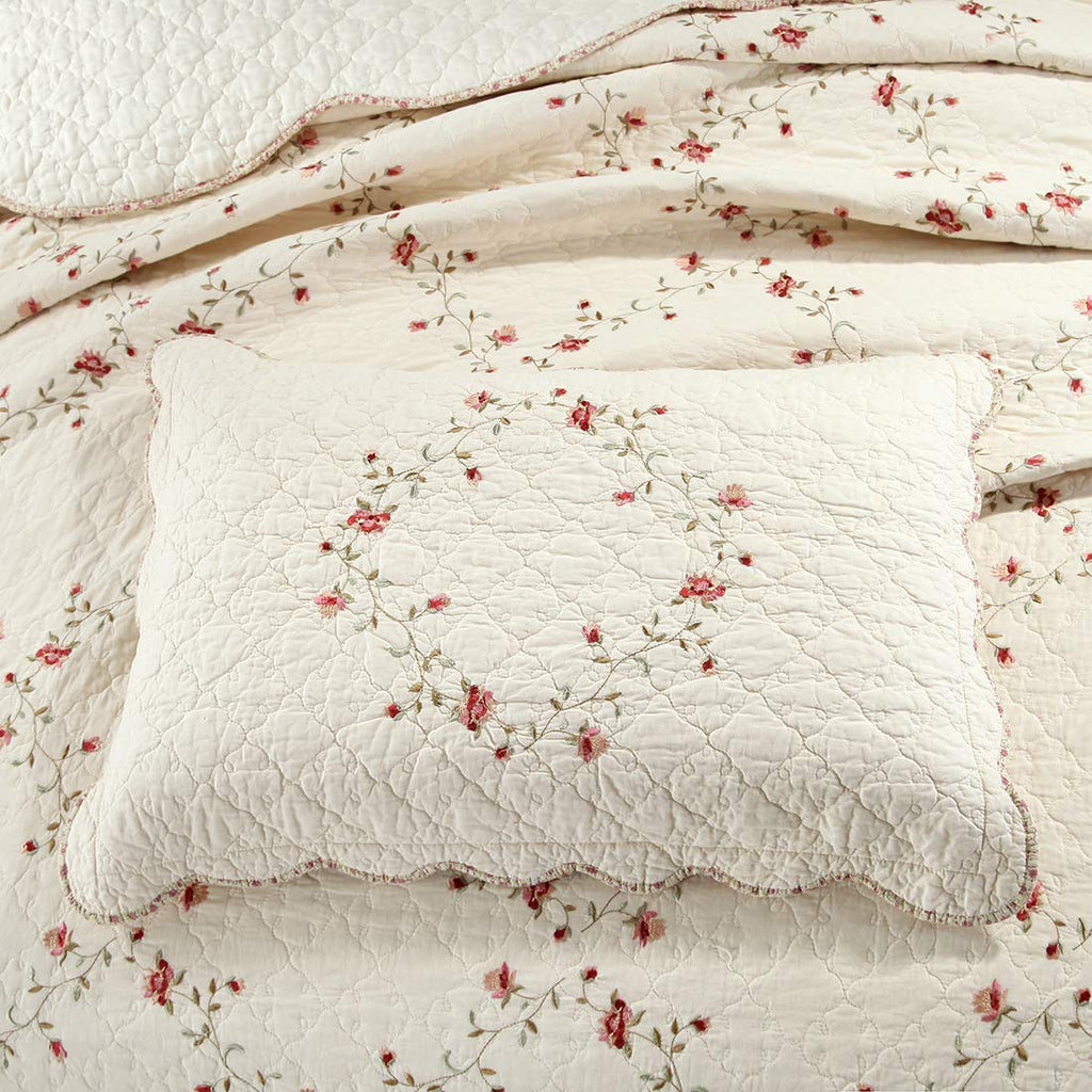 vctops 3-Piece Floral Embroidered Bedspread Coverlet Set Twin Size 100% Cotton Reversible Patchwork 1 Quilt and 2 Pillow Shams (Flower,Twin)