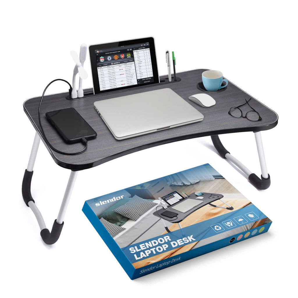 Slendor Lap Desk with Cup Holder, Foldable Laptop Table for Bed, Portable Bed Desk for Laptop and Writing, Computer Tray with Tablet Slot, Notebook Stand Reading Holder for Couch Sofa Floor,Black