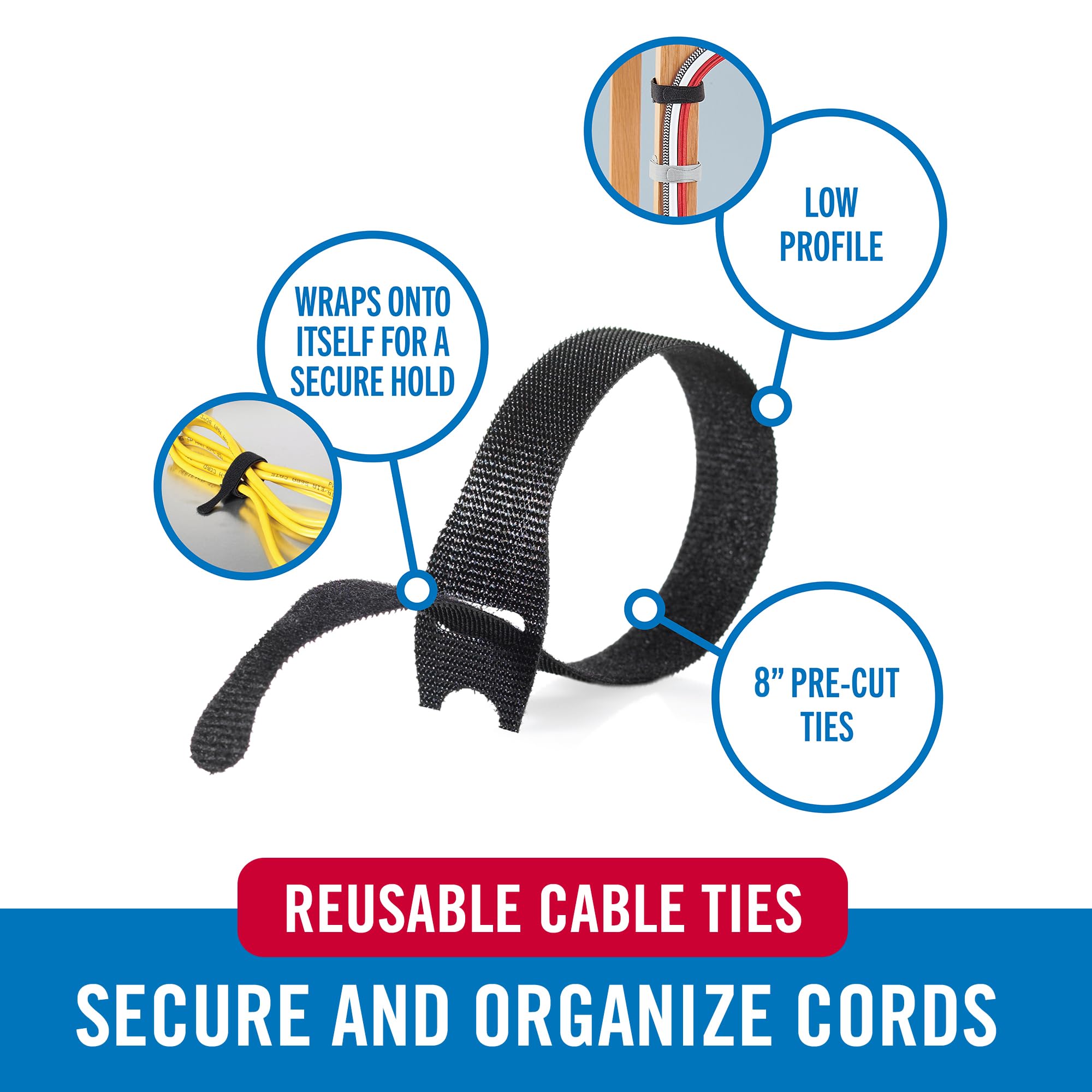 VELCRO Brand Cord Organizer for Desk & Nightstand, 5 Cable Slots with Sleeve Routing, Adhesive Wire Holder for Cord Management, Home, Workshop, Gaming & Office Essentials, Black 2 Pack