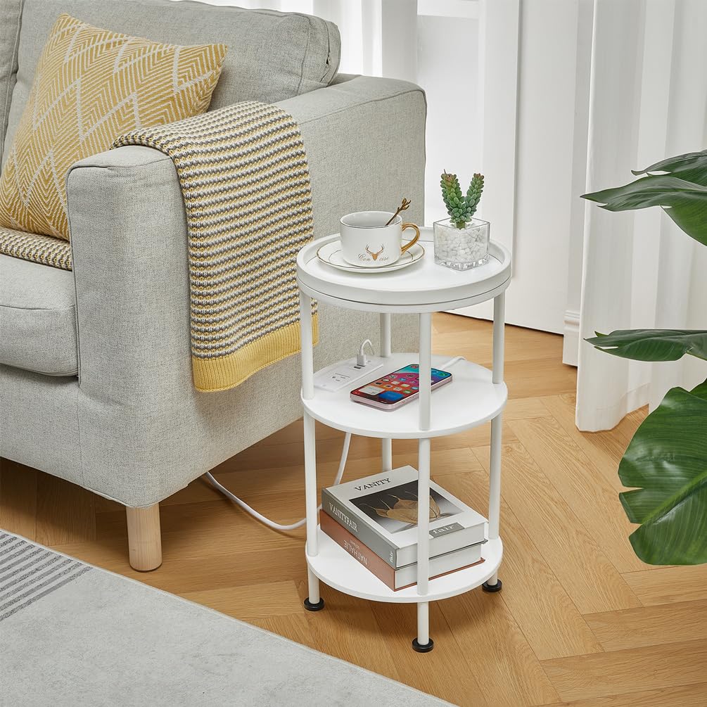 Small Round Side Table with Charging Station for Small Spaces, 3-Tier Accent Table with USB Ports & Power Outlets, Sofa Corner Tea Table for Living Room Nightstand Bedroom Apartment (Black)