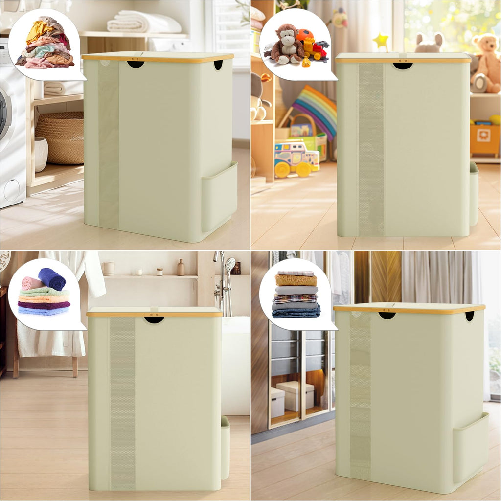 BlissTotes Laundry Basket with Lid, 100L Clothes Laundry Hamper with Handles and Removable Laundry Bag, Breathable Design Hamper with Lid for Bedroom, Bathroom, Dorm, Laundry Room - Beige
