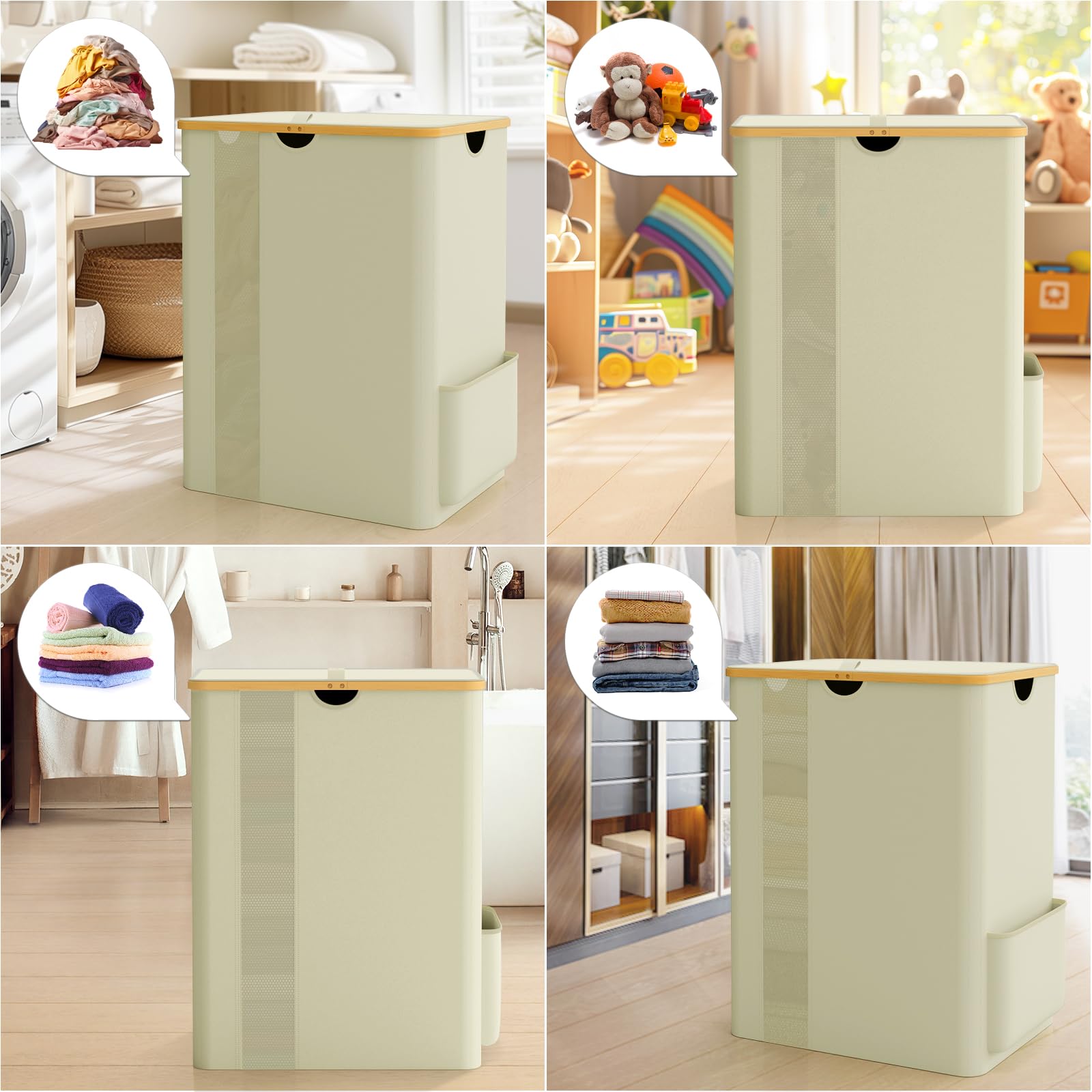 BlissTotes Laundry Basket with Lid, 100L Clothes Laundry Hamper with Handles and Removable Laundry Bag, Breathable Design Hamper with Lid for Bedroom, Bathroom, Dorm, Laundry Room - Beige
