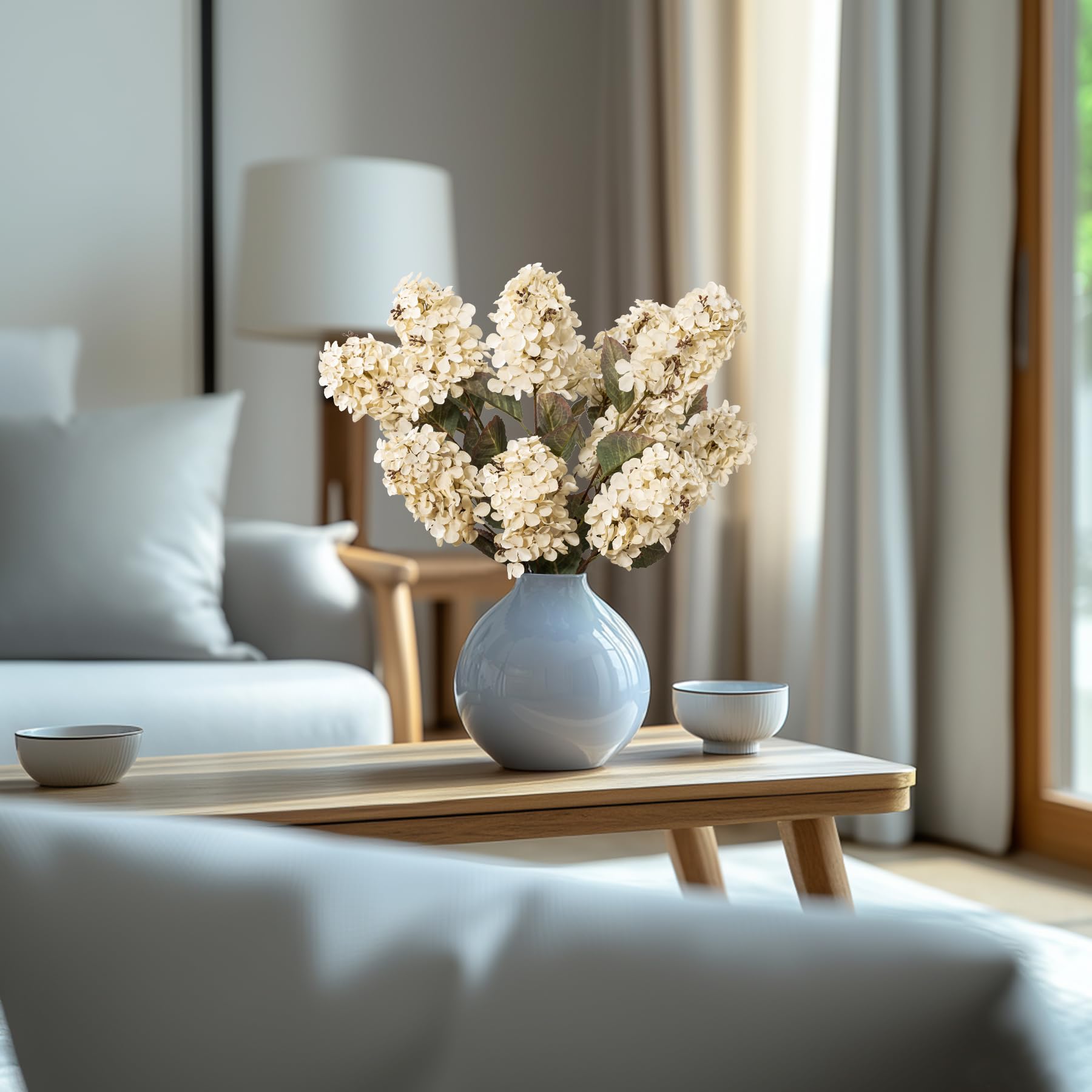 Ttranewsoo Hydrangea Artificial Flowers,Fall Hydrangeas Artificial Flowers,Blue Fake Fall Dried Hydrangea Flowers Decoration,Faux Silk Flower with Stems Winter Decor(Blue 24" 8pcs) Without Vase