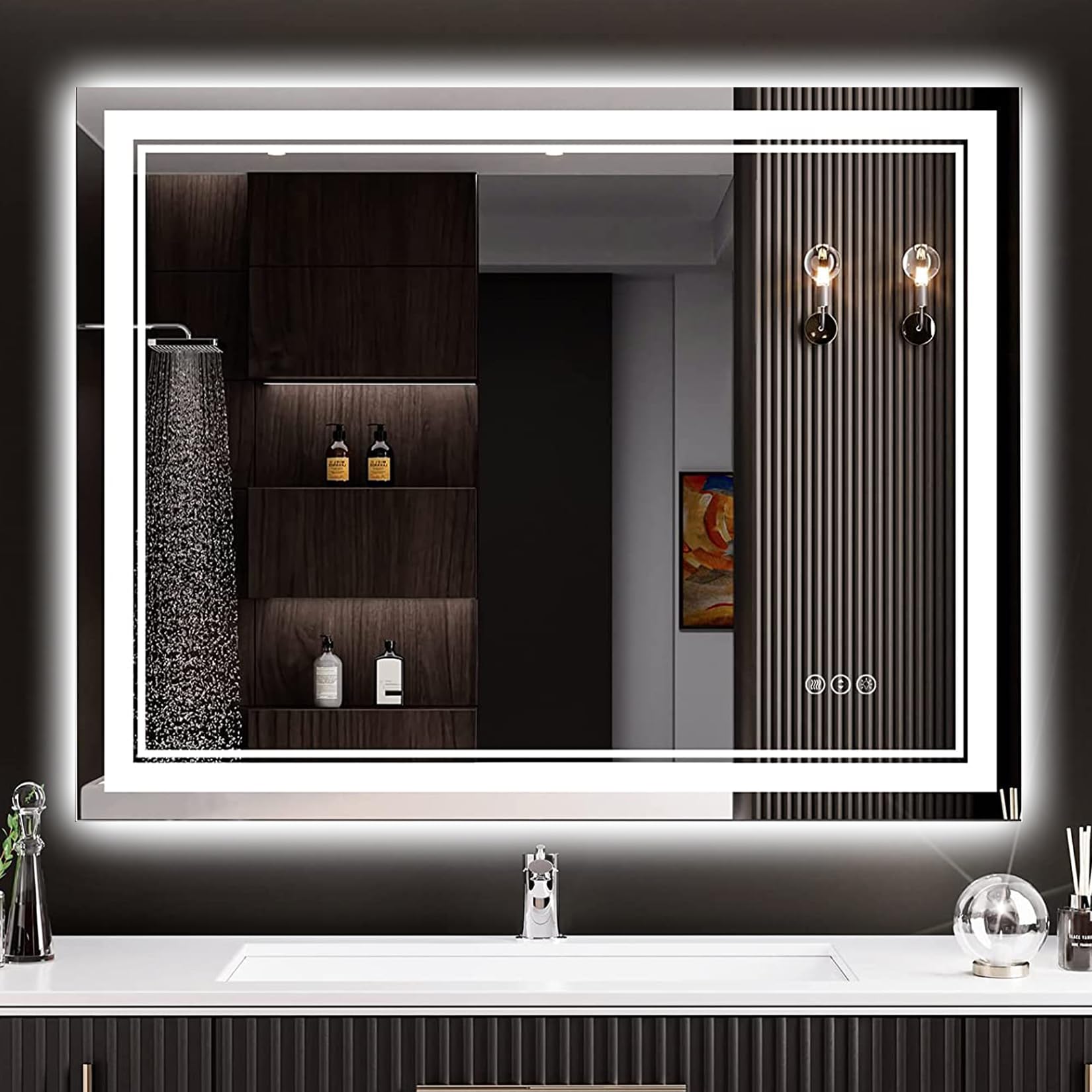 24x32 Black Framed LED Bathroom Mirror with Lights, Backlit and Front Lit Anti-Fog Lighted Vanity Mirrors for Bathroom Wall, Dimmable, 3 Colors, Memory, HD Tempered Glass, Horizontal/Vertical