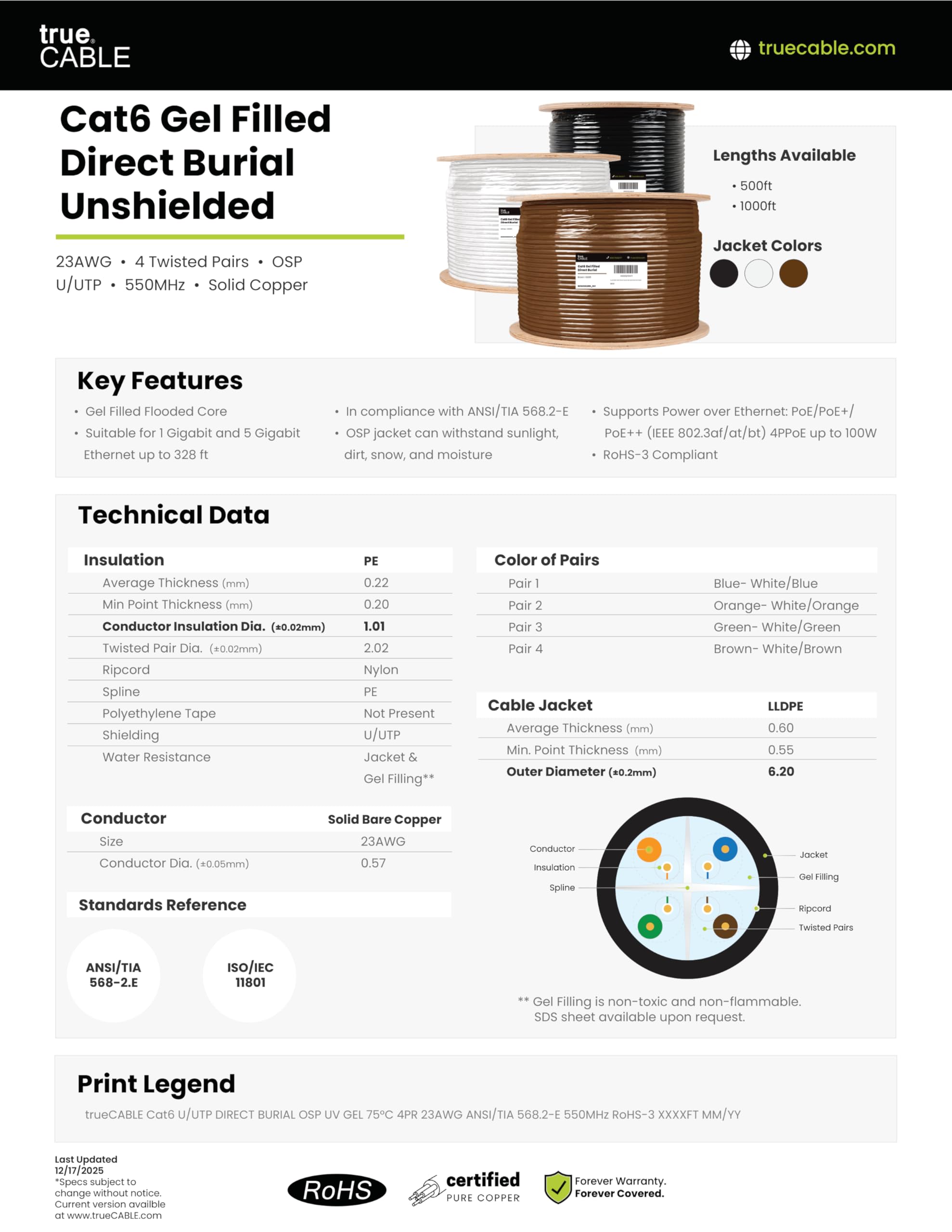 TRUE CABLE Cat6 Direct Burial Bulk Ethernet, Gel Filled, Unshielded, 500ft, Black, Outdoor OSP Jacket, Waterproof, UV Resistant, 23AWG Solid Bare Copper, 550MHz, PoE++ (4PPoE)