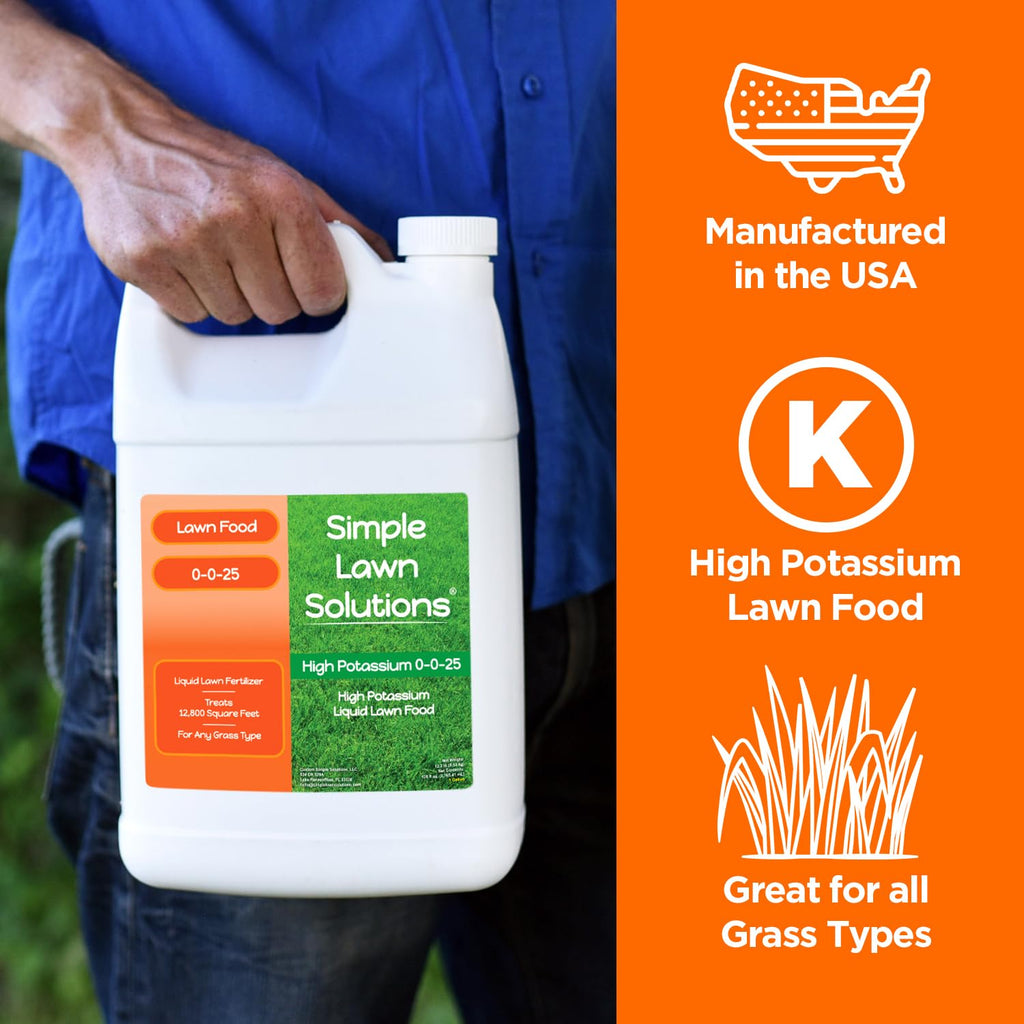 Simple Lawn Solutions - High Potassium Lawn Food Liquid Fertilizer 0-0-25 - Concentrated Spray - Turf Grass Vigor and Plant Hardiness - Summer and Fall - Any Grass Type (1 Gallon)