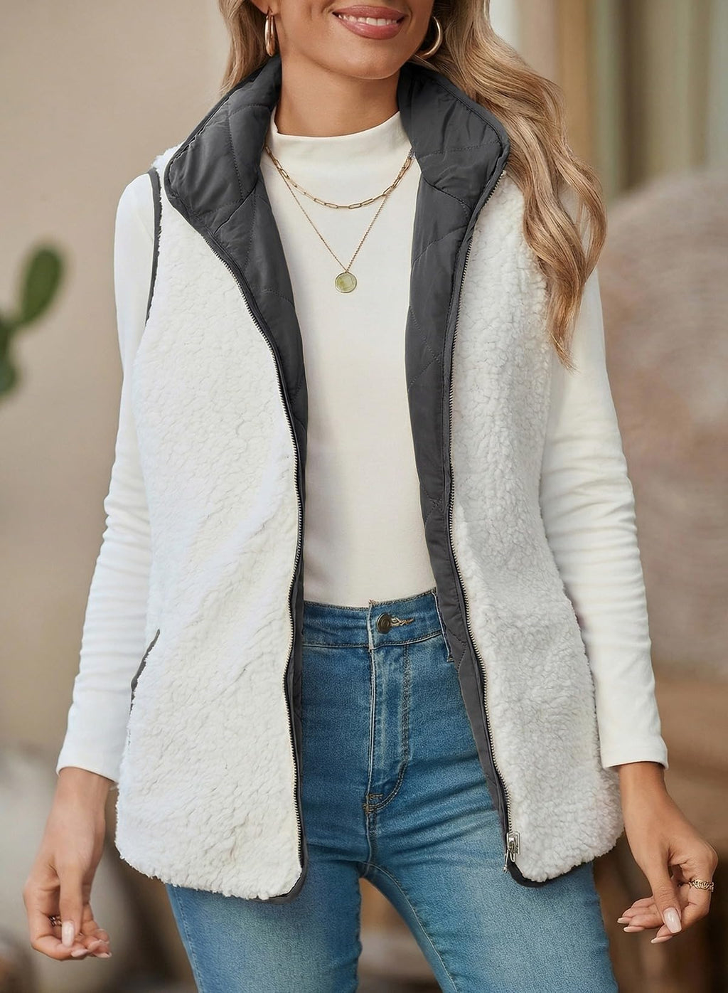 SHEWIN Women Puffer Vest Casual Stand Collar Sleeveless Puffer Jacket Warm Winter Reversible Zip Up Outerwear with Pockets