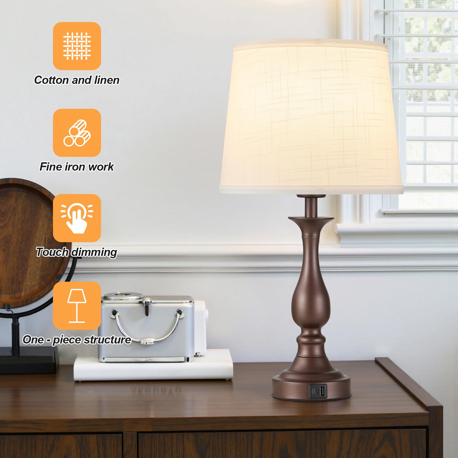 Bedside Table Lamp Touch Control Bedroom Lamps with USB A and C Charging Port 3 Way Dimmable Touch Lamps for Nightstand Living Room Bedroom Dorm Home Office Reading, Set of 2
