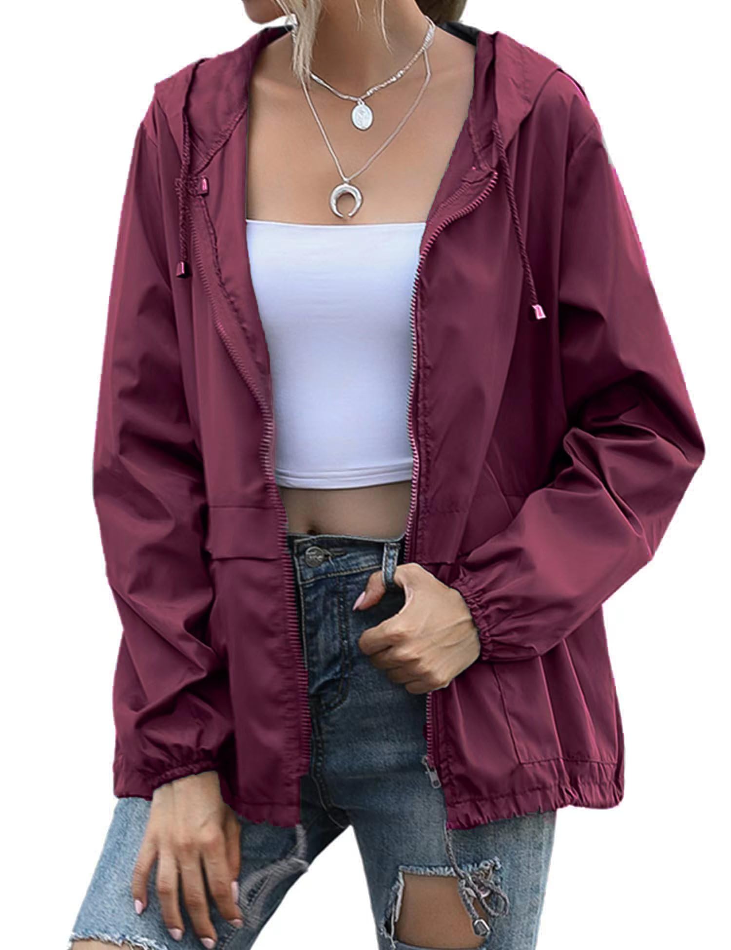 Women's Raincoats Lightweight Waterproof Windproof Adjustable Windbreaker Rain Jackets Hooded with Pockets S-XXL
