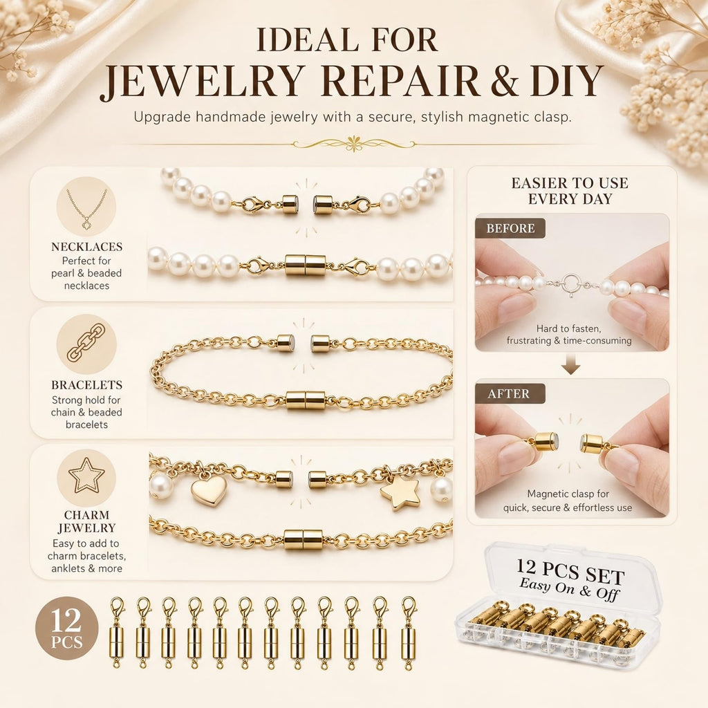 12 Pack Magnetic Necklace Clasps and Closures. Necklace Jewelry Extender with Strong Magnet. for Jewelry Necklace Bracelet Making. Gold and Silver Plating (12Pcs | Gold Cylinder)